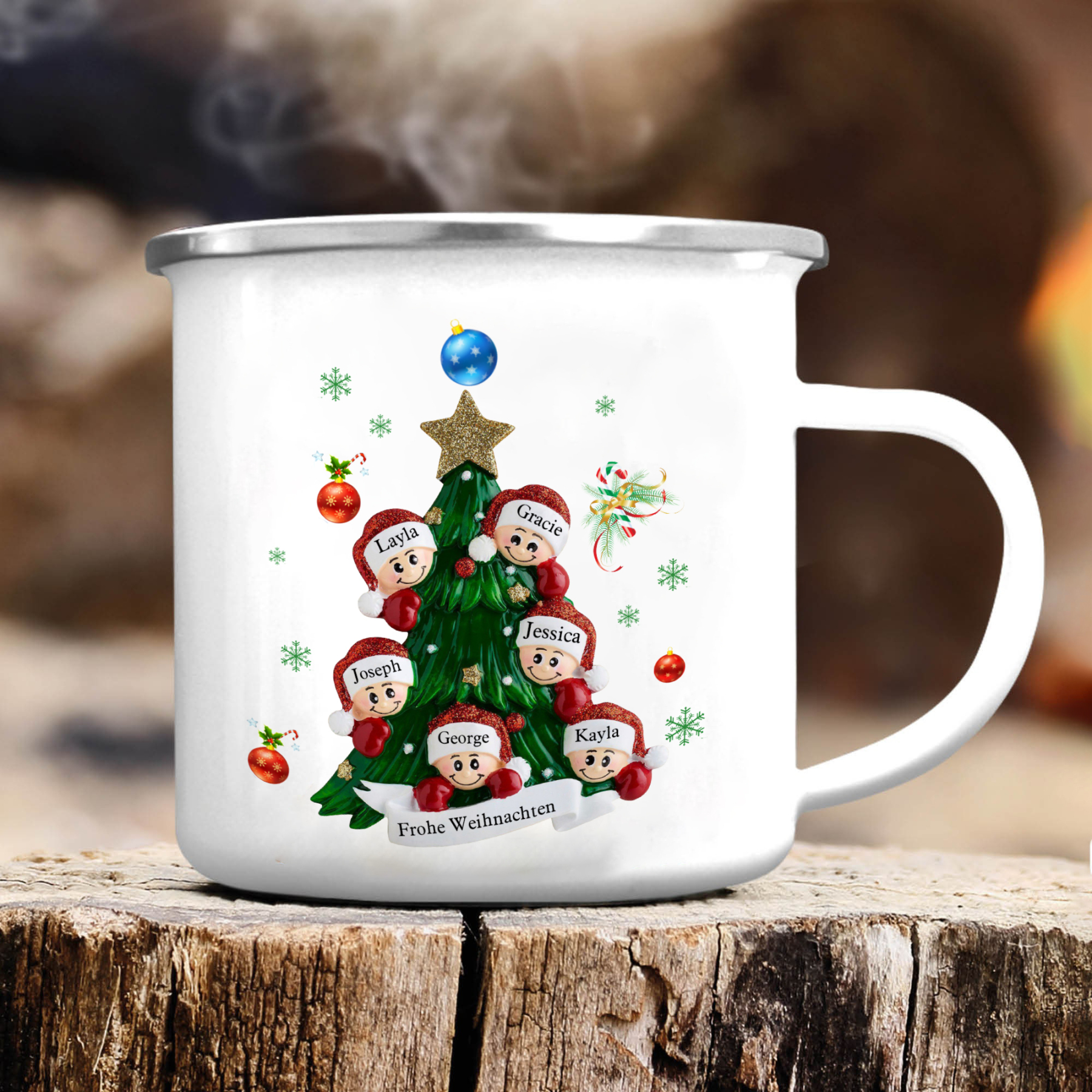 Personalisiertes 6 Namen & Text Holz Weihnachtsornament Baum & Emaille Tasse - Geschenkbox Set