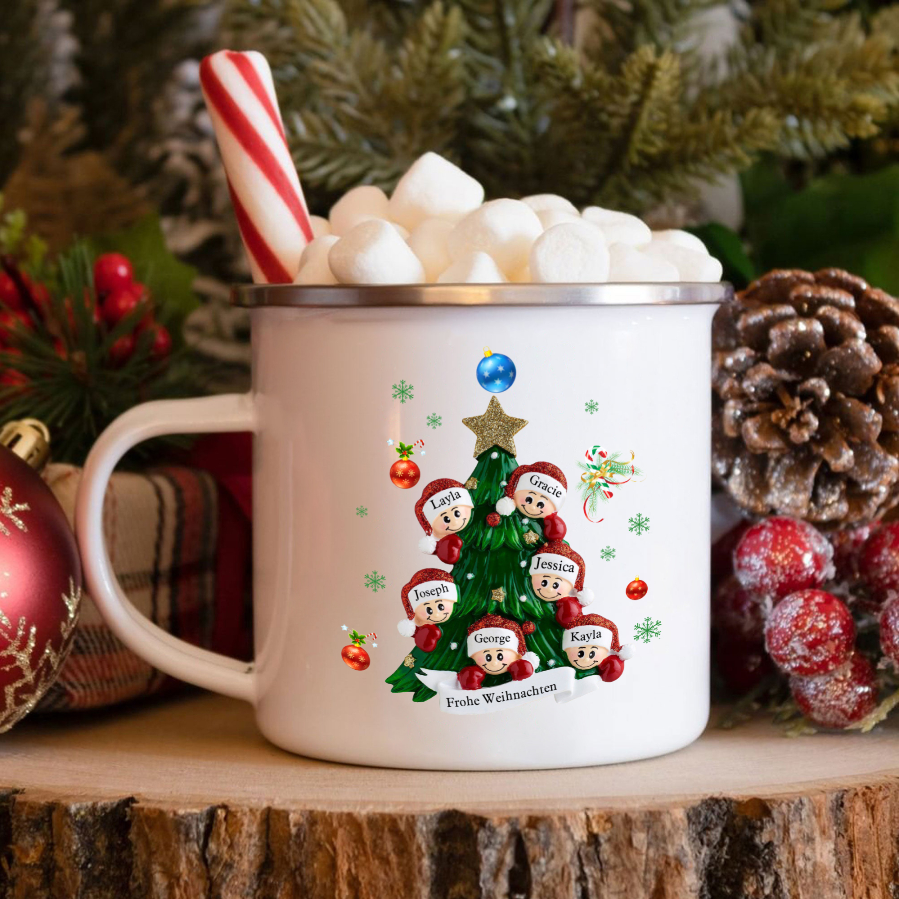 Personalisiertes 6 Namen & Text Holz Weihnachtsornament Baum & Emaille Tasse - Geschenkbox Set