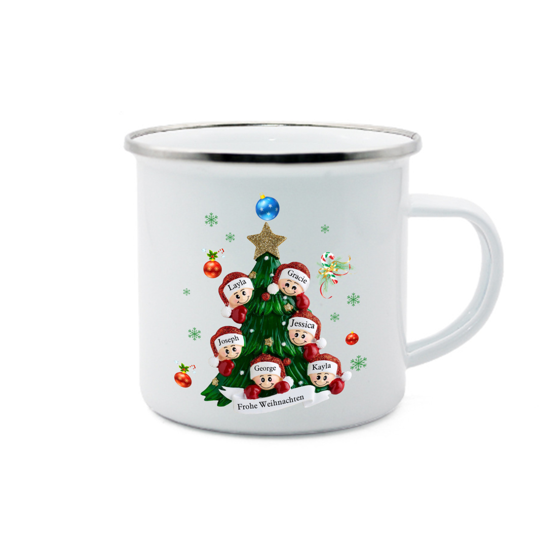 Personalisierte 6 Namen & Text Emaille Tasse – Weihnachtsbaum Weihnachts-Emaille Becher