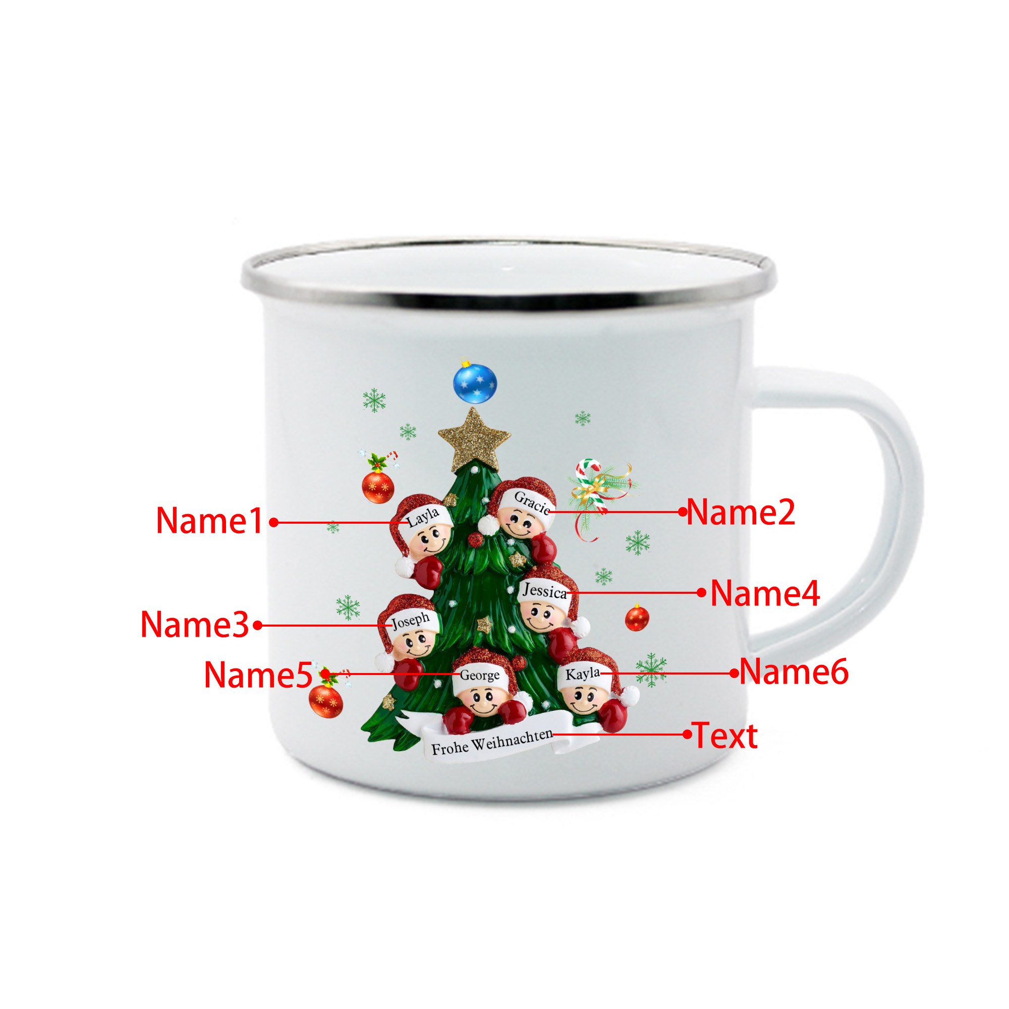 Personalisierte 6 Namen & Text Emaille Tasse – Weihnachtsbaum Weihnachts-Emaille Becher
