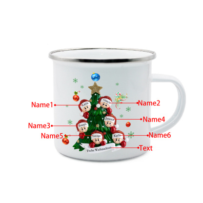 Personalisierte 6 Namen & Text Emaille Tasse – Weihnachtsbaum Weihnachts-Emaille Becher