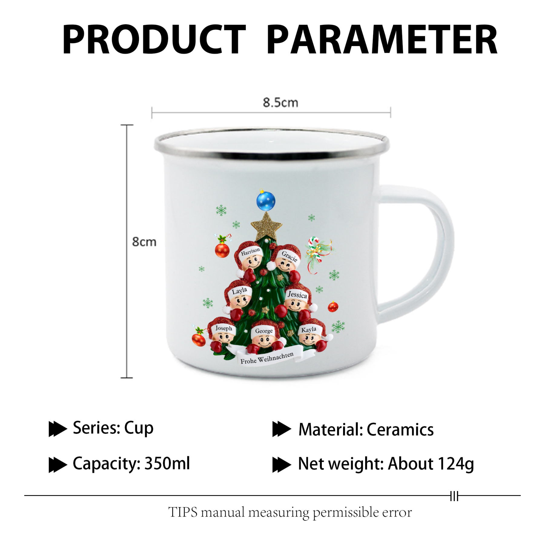Personalisierte 7 Namen & Text Emaille Tasse – Weihnachtsbaum Weihnachts-Emaille Becher