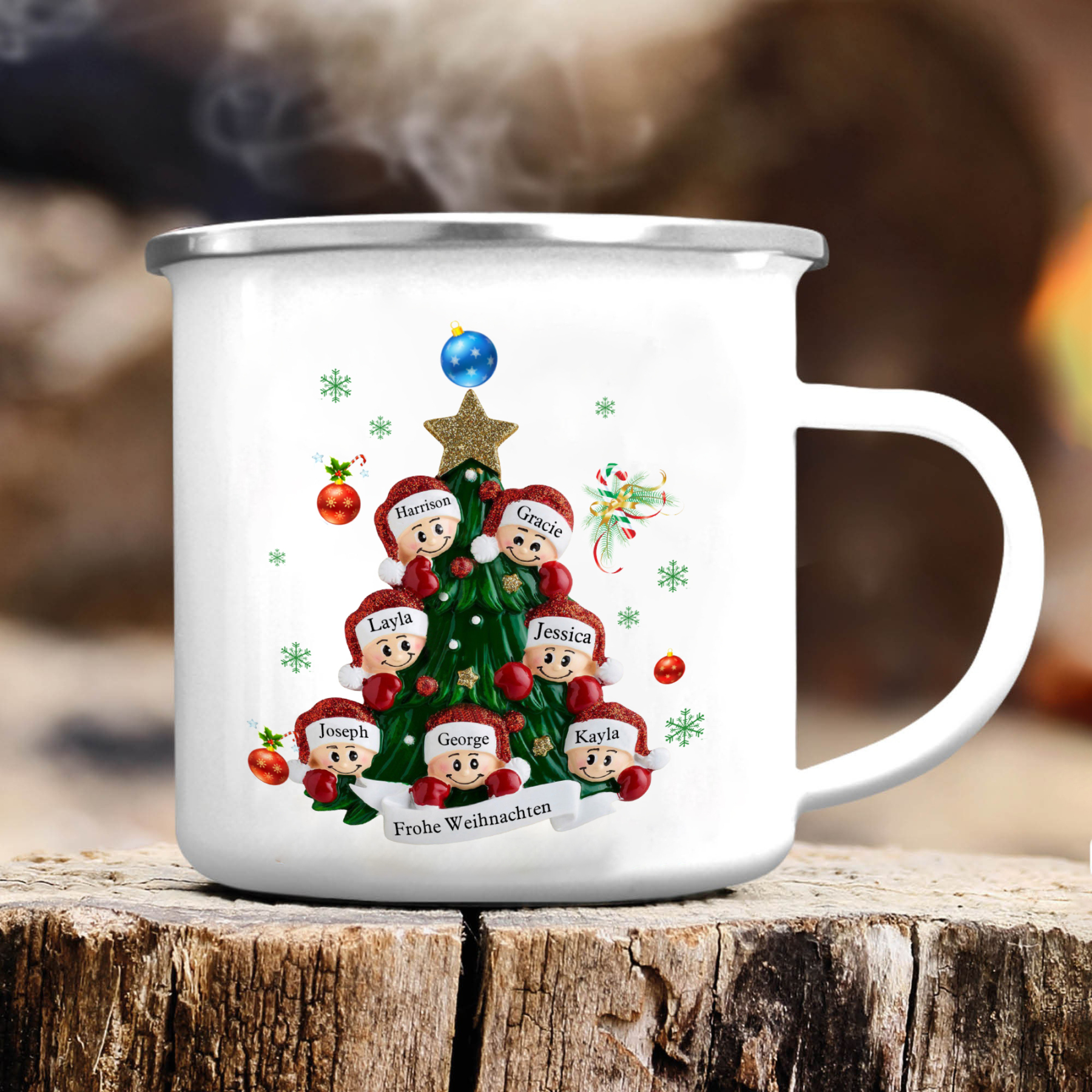 Personalisierte 7 Namen & Text Emaille Tasse – Weihnachtsbaum Weihnachts-Emaille Becher