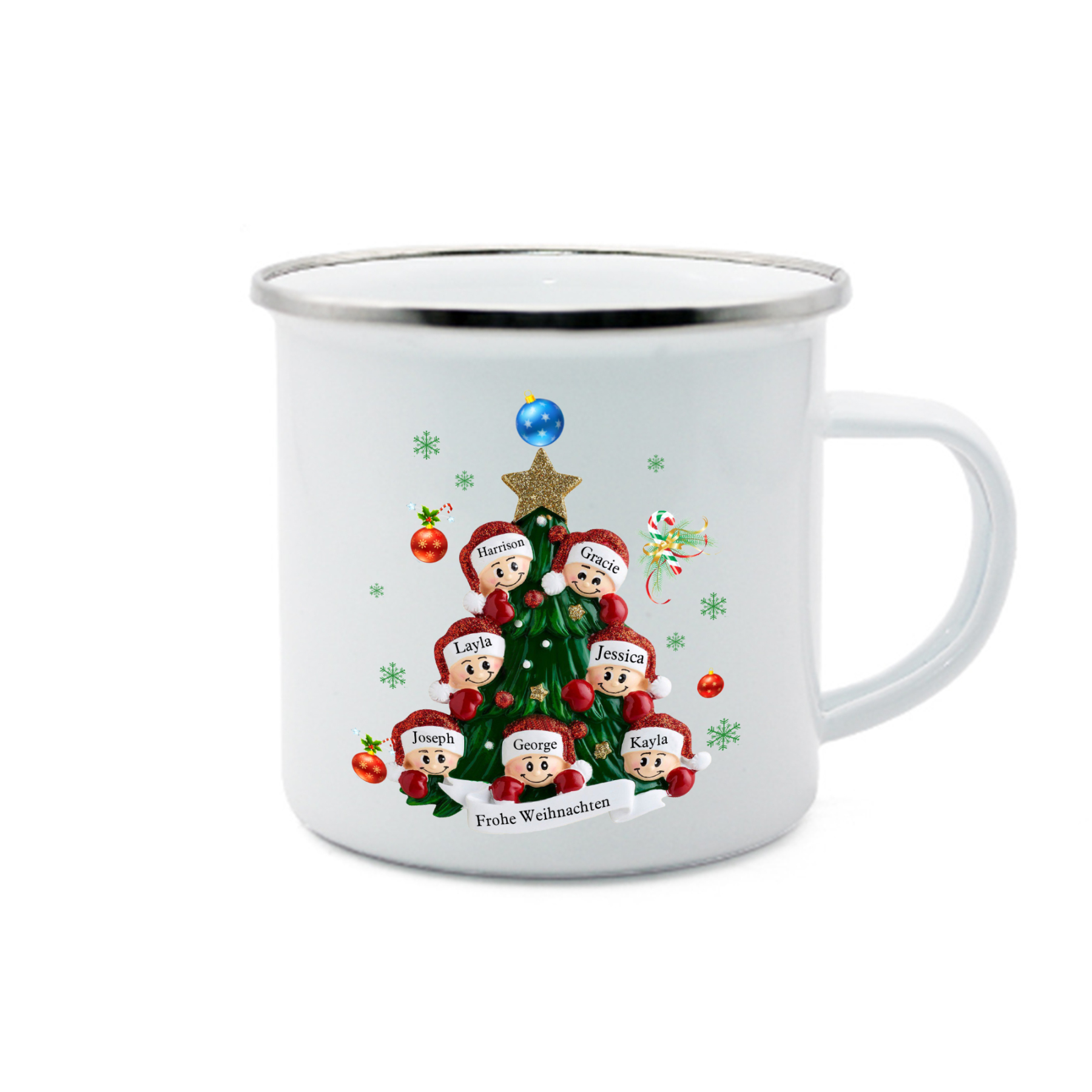 Personalisierte 7 Namen & Text Emaille Tasse – Weihnachtsbaum Weihnachts-Emaille Becher