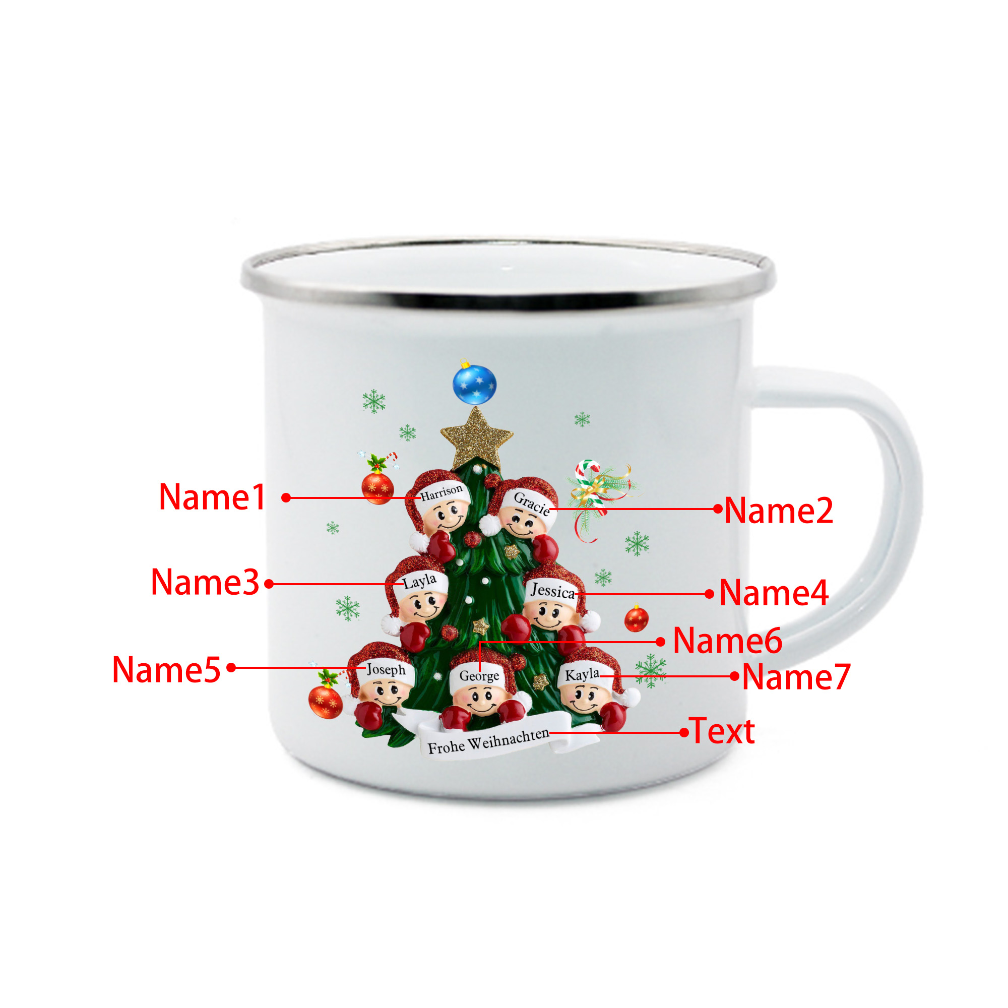 Personalisierte 7 Namen & Text Emaille Tasse – Weihnachtsbaum Weihnachts-Emaille Becher
