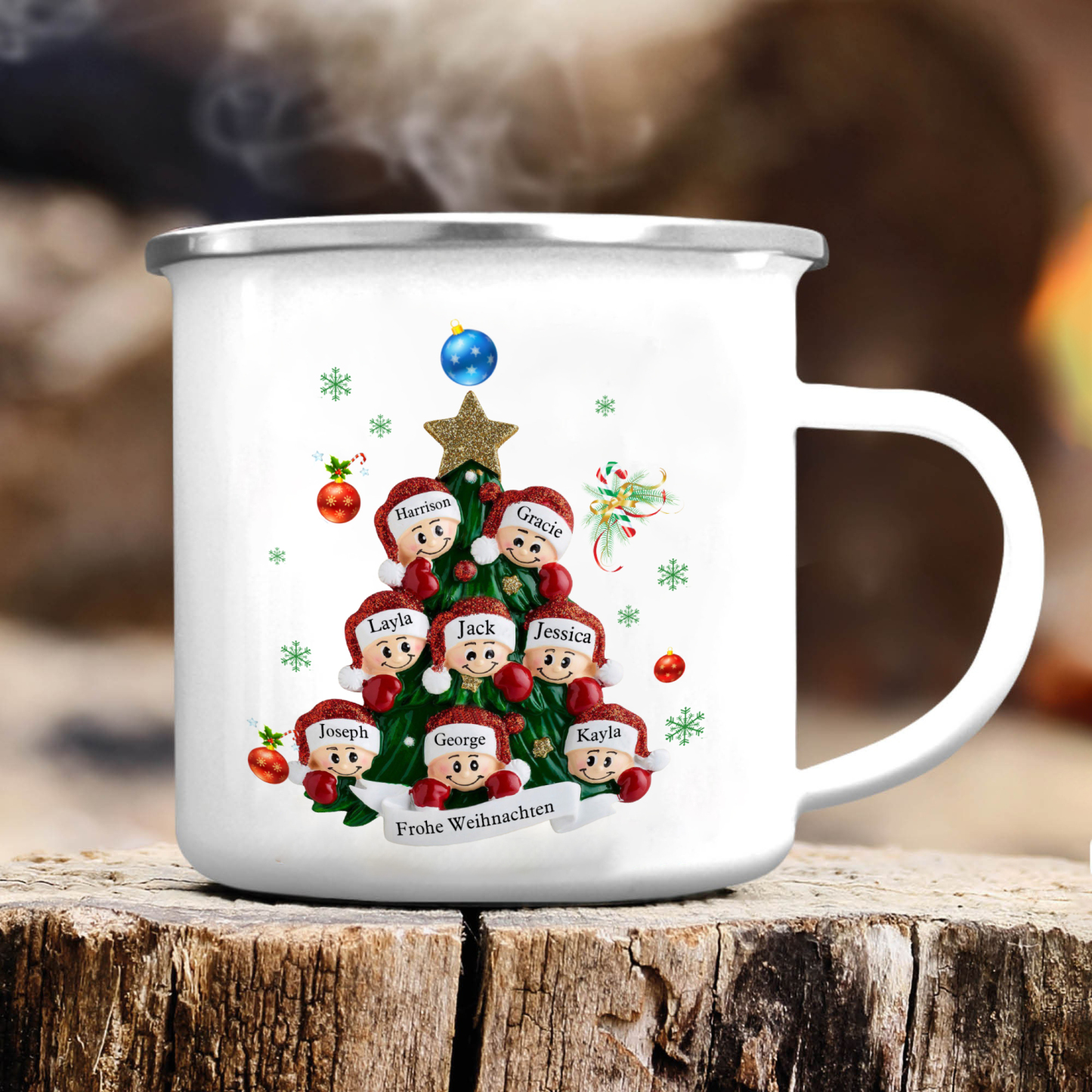 Personalisierte 8 Namen & Text Emaille Tasse – Weihnachtsbaum Weihnachts-Emaille Becher