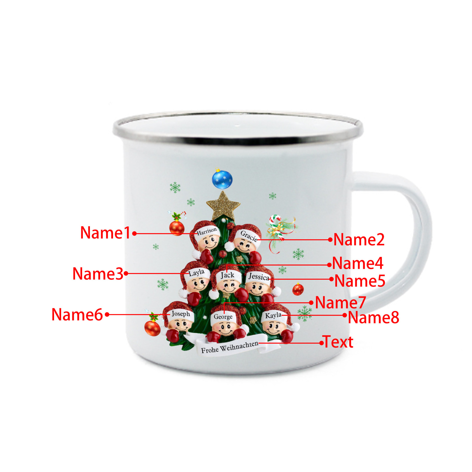 Personalisierte 8 Namen & Text Emaille Tasse – Weihnachtsbaum Weihnachts-Emaille Becher