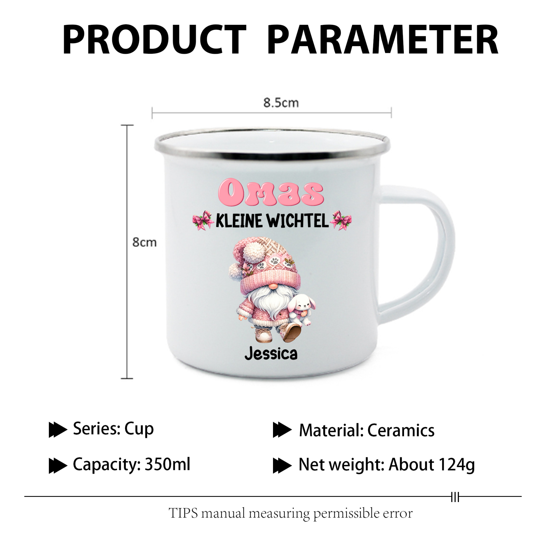 Personalisierte 1-5 Namen Emaille-Tasse mit süßen Weihnachtsgnomen – Omas kleine Wichtel – Weihnachtsgeschenk für Oma Großmutter
