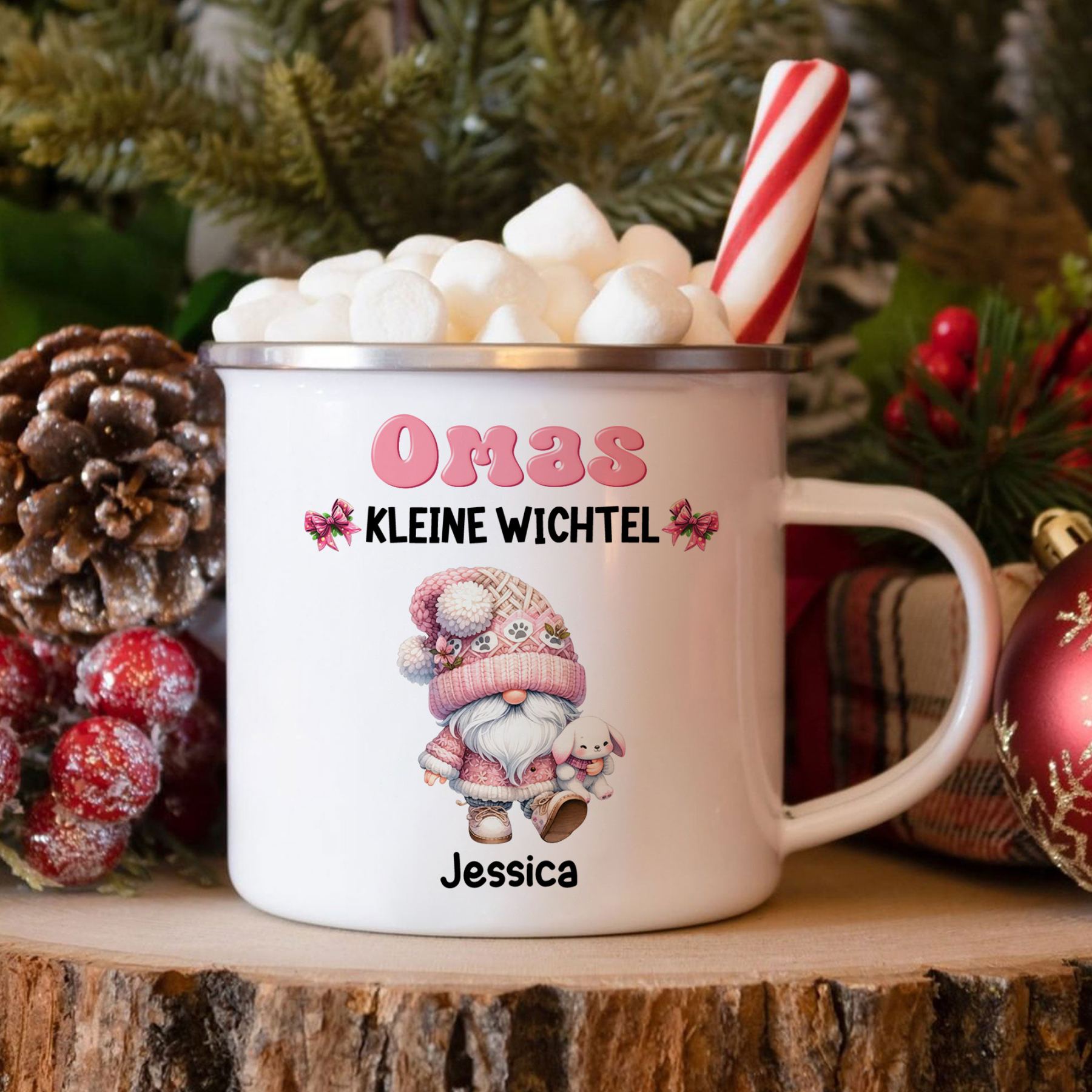 Personalisierte 1-5 Namen Emaille-Tasse mit süßen Weihnachtsgnomen – O