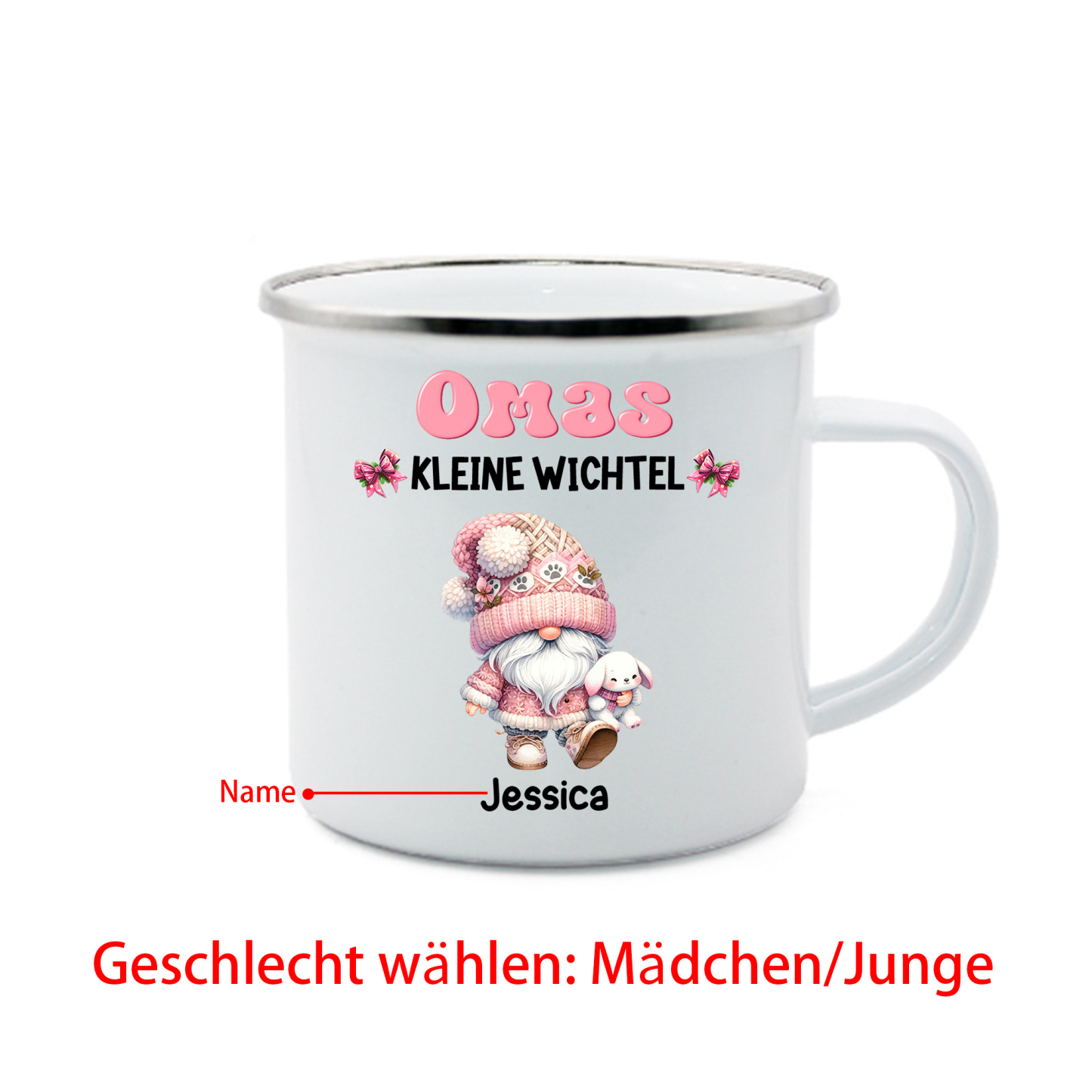 Personalisierte 1-5 Namen Emaille-Tasse mit süßen Weihnachtsgnomen – Omas kleine Wichtel –  Weihnachtsgeschenk für Oma Großmutter