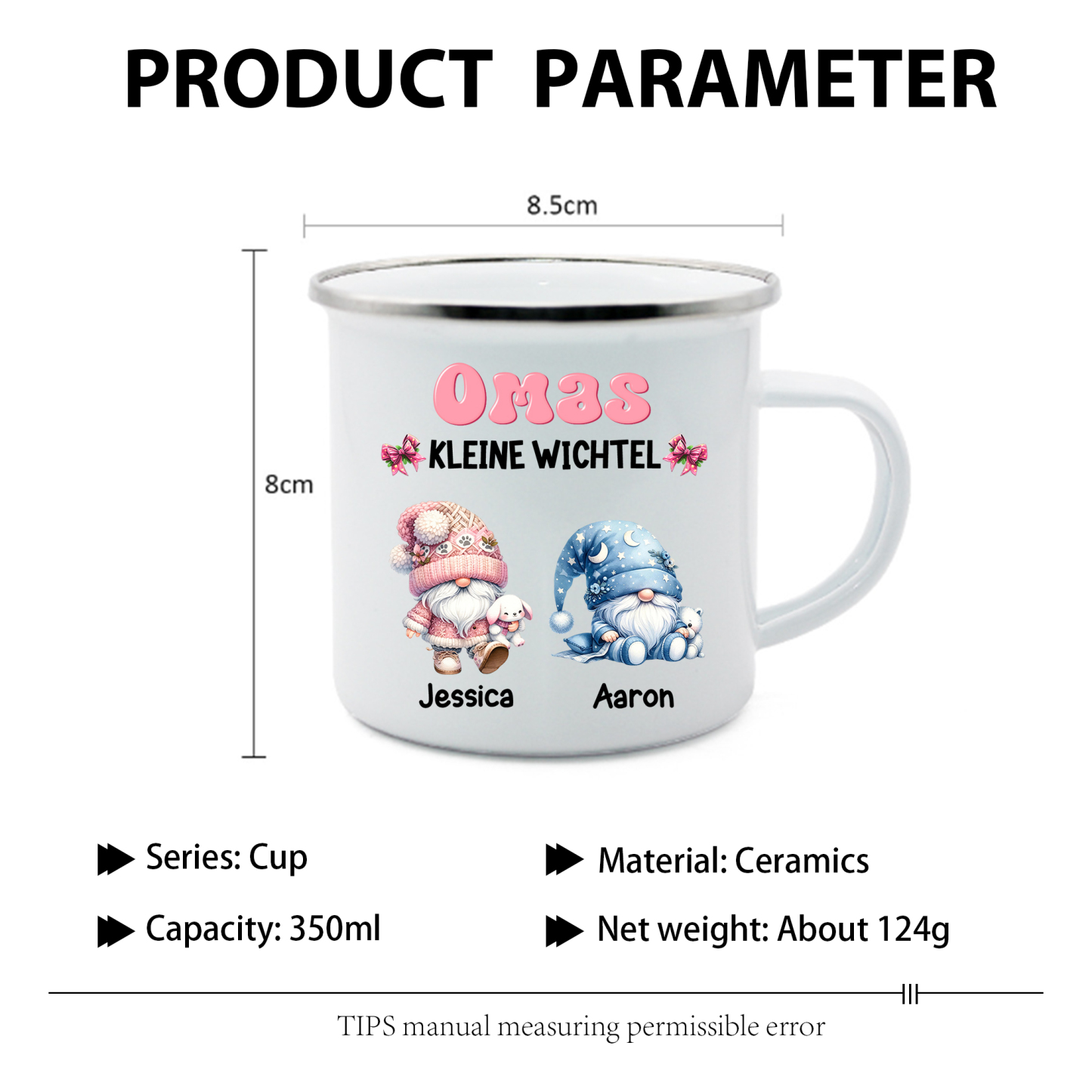 Personalisierte 1-5 Namen Emaille-Tasse mit süßen Weihnachtsgnomen – Omas kleine Wichtel – Weihnachtsgeschenk für Oma Großmutter