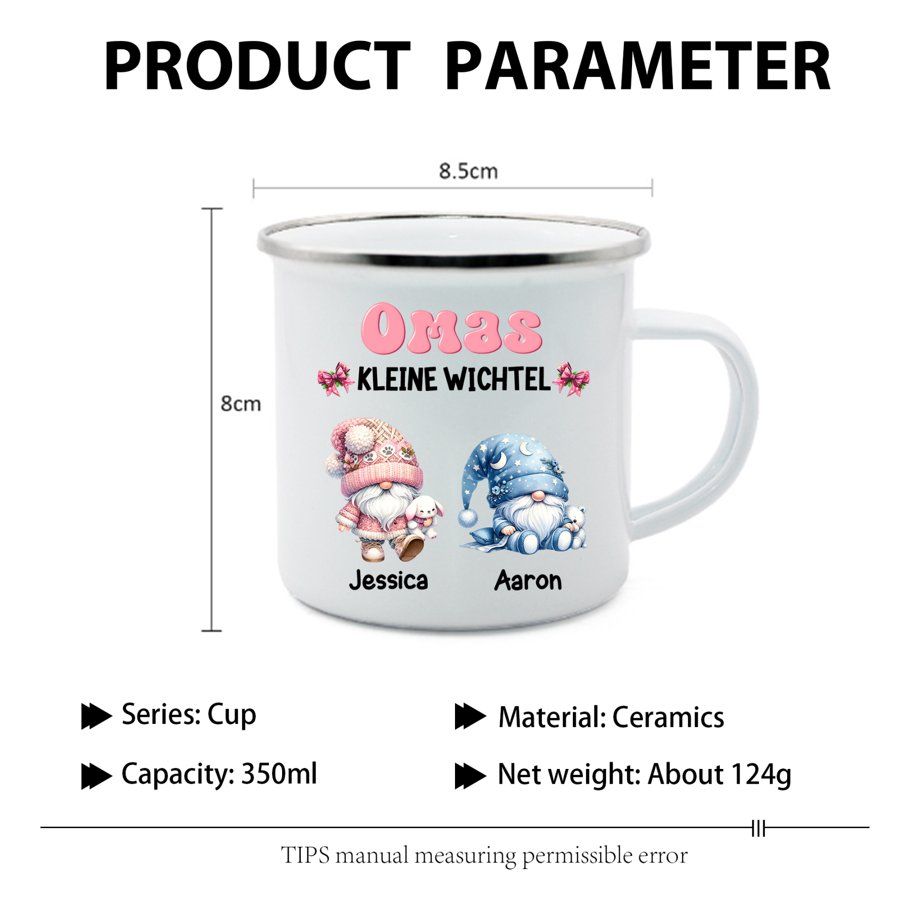 Personalisierte 1-5 Namen Emaille-Tasse mit süßen Weihnachtsgnomen – Omas kleine Wichtel – Weihnachtsgeschenk für Oma Großmutter