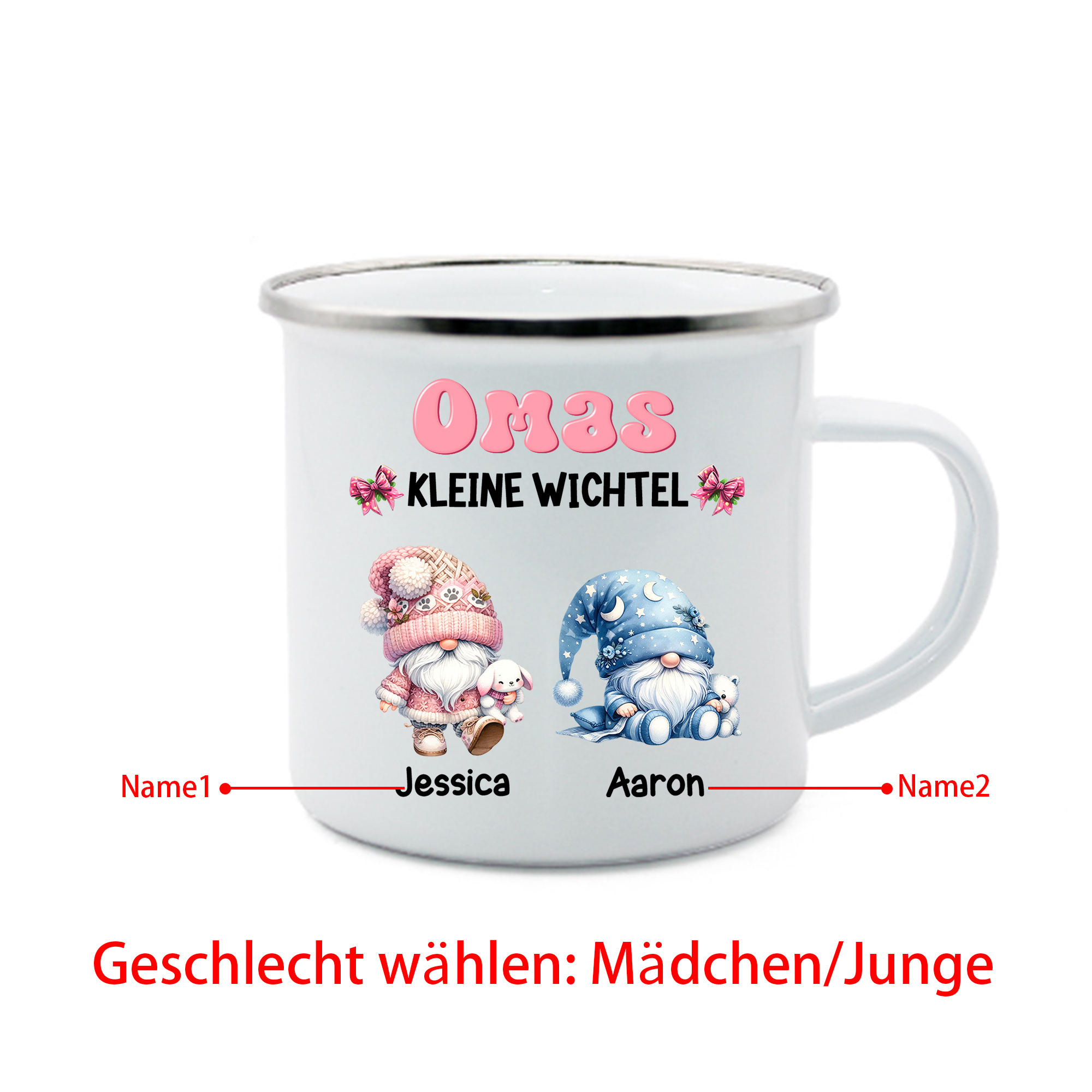 Personalisierte 1-5 Namen Emaille-Tasse mit süßen Weihnachtsgnomen – Omas kleine Wichtel –  Weihnachtsgeschenk für Oma Großmutter