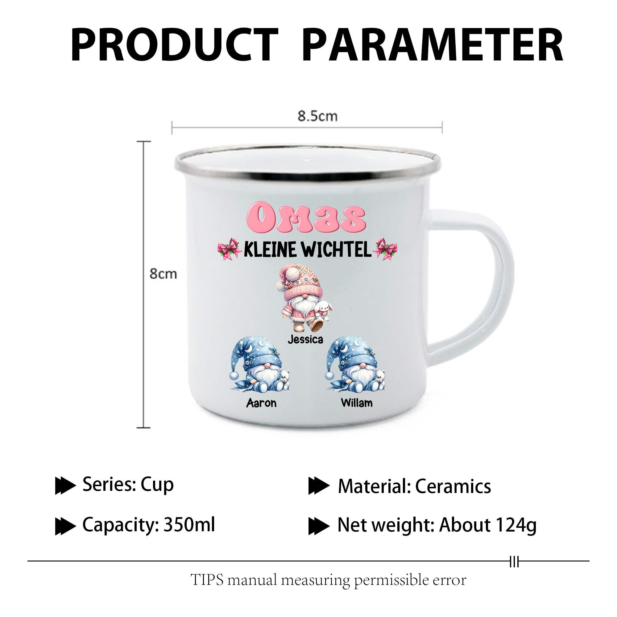 Personalisierte 1-5 Namen Emaille-Tasse mit süßen Weihnachtsgnomen – Omas kleine Wichtel –  Weihnachtsgeschenk für Oma Großmutter