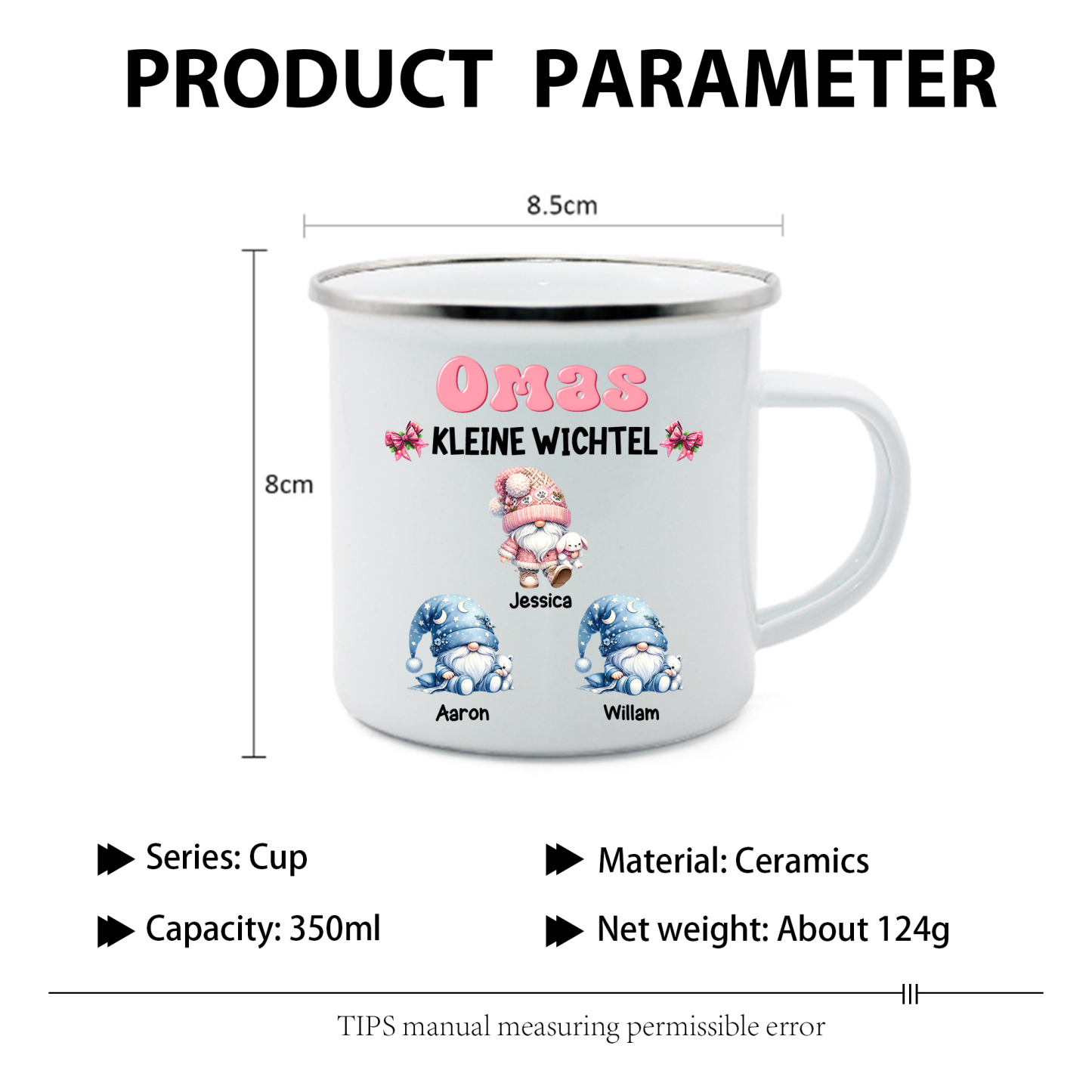 Personalisierte 1-5 Namen Emaille-Tasse mit süßen Weihnachtsgnomen – Omas kleine Wichtel – Weihnachtsgeschenk für Oma Großmutter