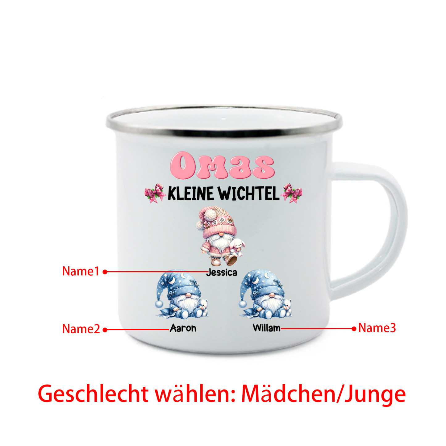 Personalisierte 1-5 Namen Emaille-Tasse mit süßen Weihnachtsgnomen – Omas kleine Wichtel – Weihnachtsgeschenk für Oma Großmutter