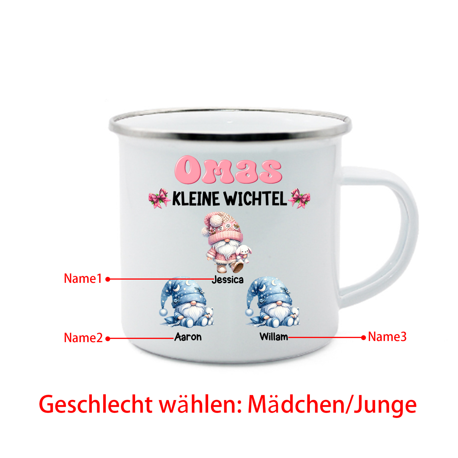 Personalisierte 1-5 Namen Emaille-Tasse mit süßen Weihnachtsgnomen – Omas kleine Wichtel –  Weihnachtsgeschenk für Oma Großmutter