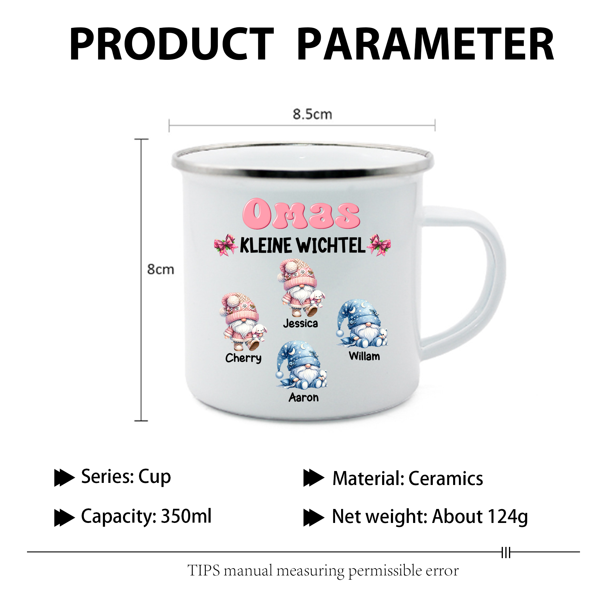 Personalisierte 1-5 Namen Emaille-Tasse mit süßen Weihnachtsgnomen – Omas kleine Wichtel –  Weihnachtsgeschenk für Oma Großmutter