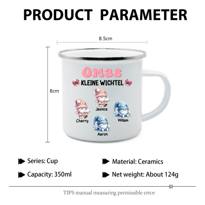 Personalisierte 1-5 Namen Emaille-Tasse mit süßen Weihnachtsgnomen – Omas kleine Wichtel –  Weihnachtsgeschenk für Oma Großmutter