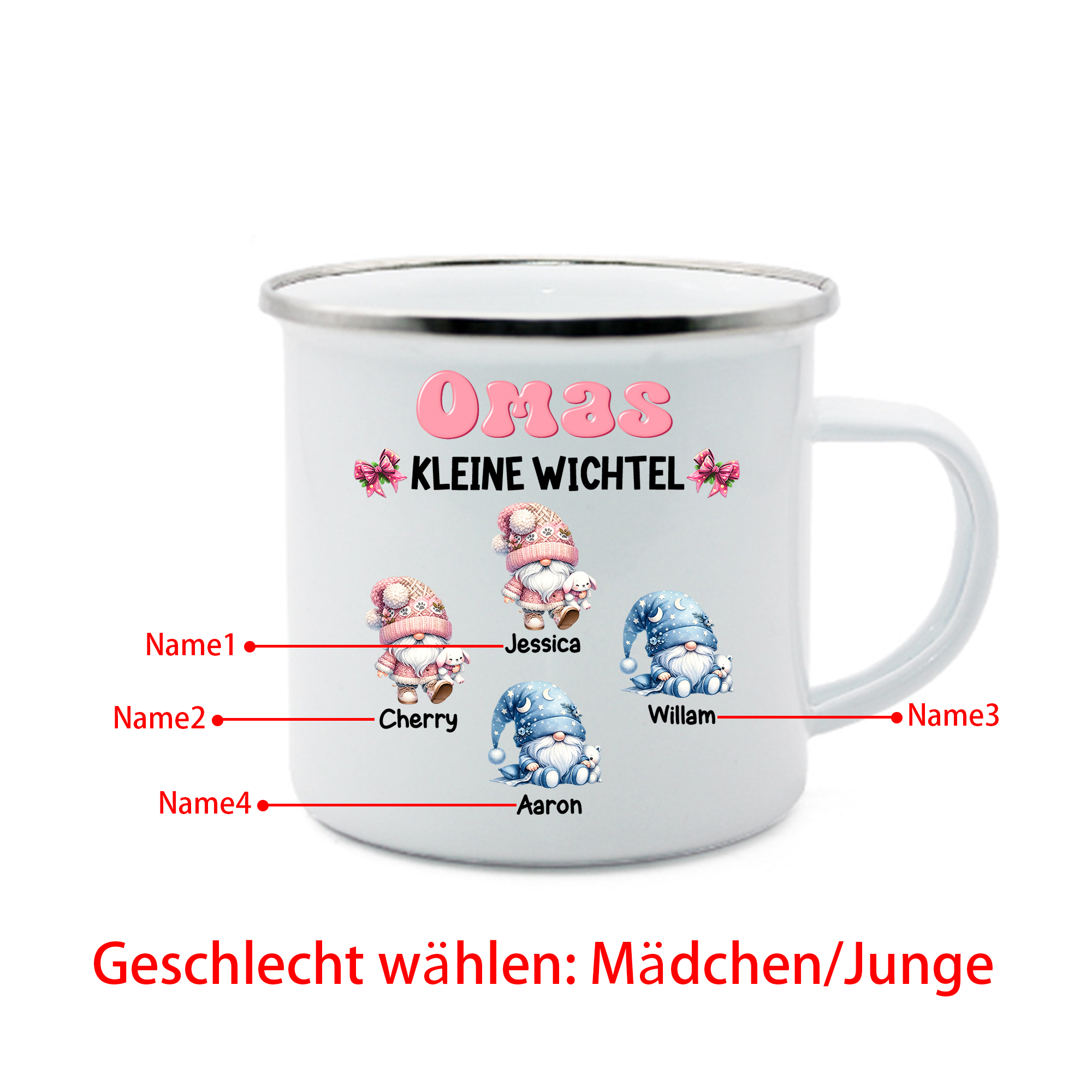 Personalisierte 1-5 Namen Emaille-Tasse mit süßen Weihnachtsgnomen – Omas kleine Wichtel –  Weihnachtsgeschenk für Oma Großmutter