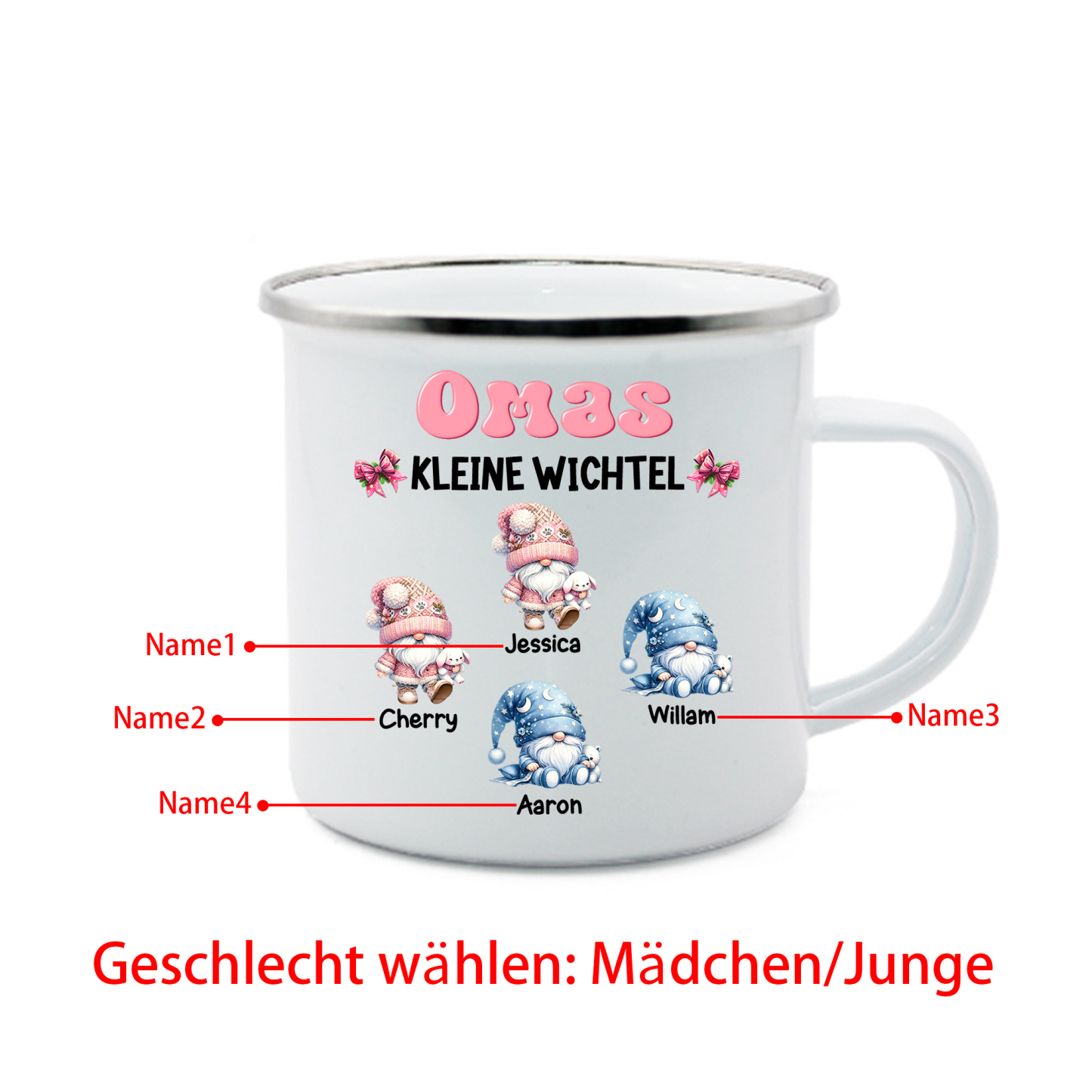 Personalisierte 1-5 Namen Emaille-Tasse mit süßen Weihnachtsgnomen – Omas kleine Wichtel –  Weihnachtsgeschenk für Oma Großmutter