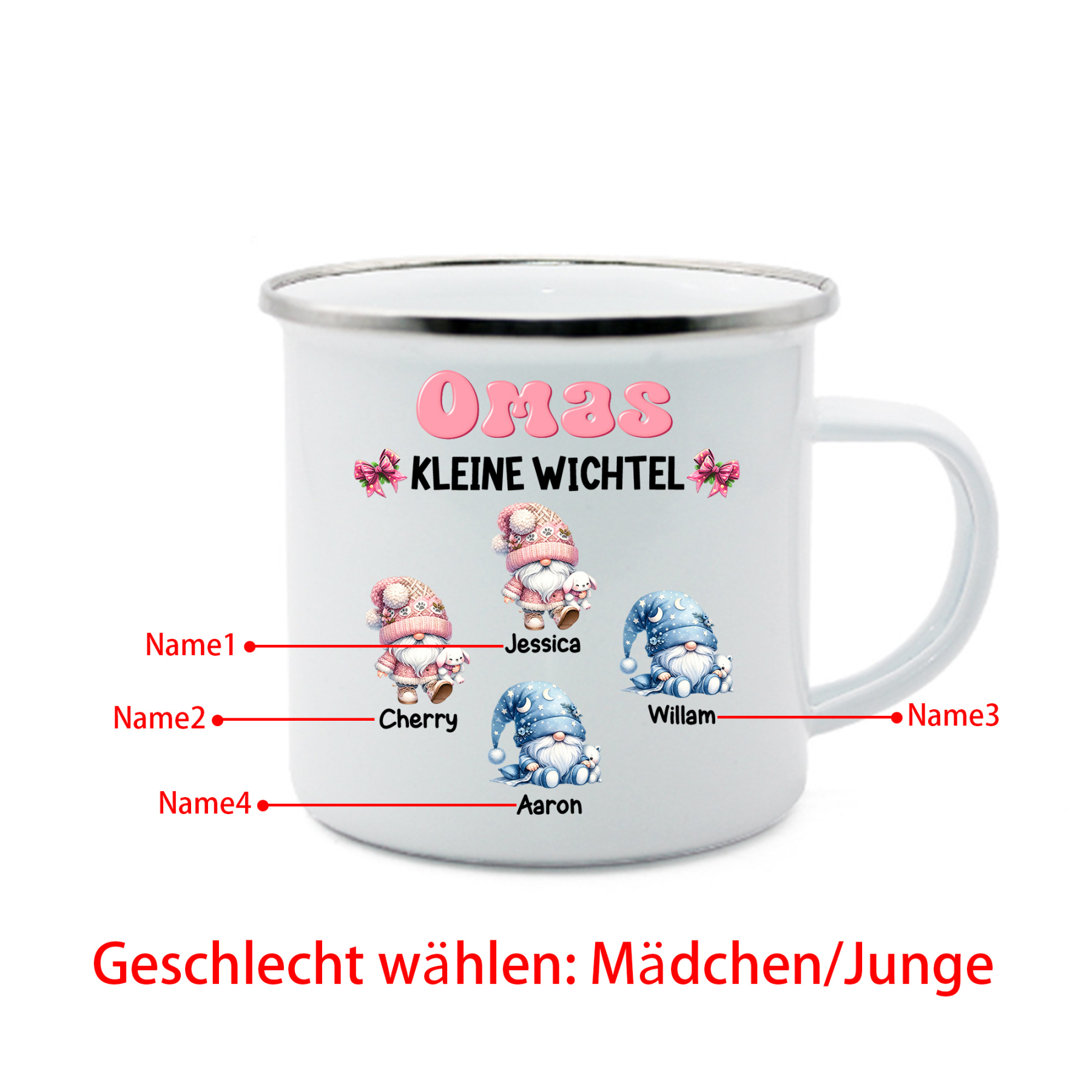 Personalisierte 1-5 Namen Emaille-Tasse mit süßen Weihnachtsgnomen – Omas kleine Wichtel – Weihnachtsgeschenk für Oma Großmutter