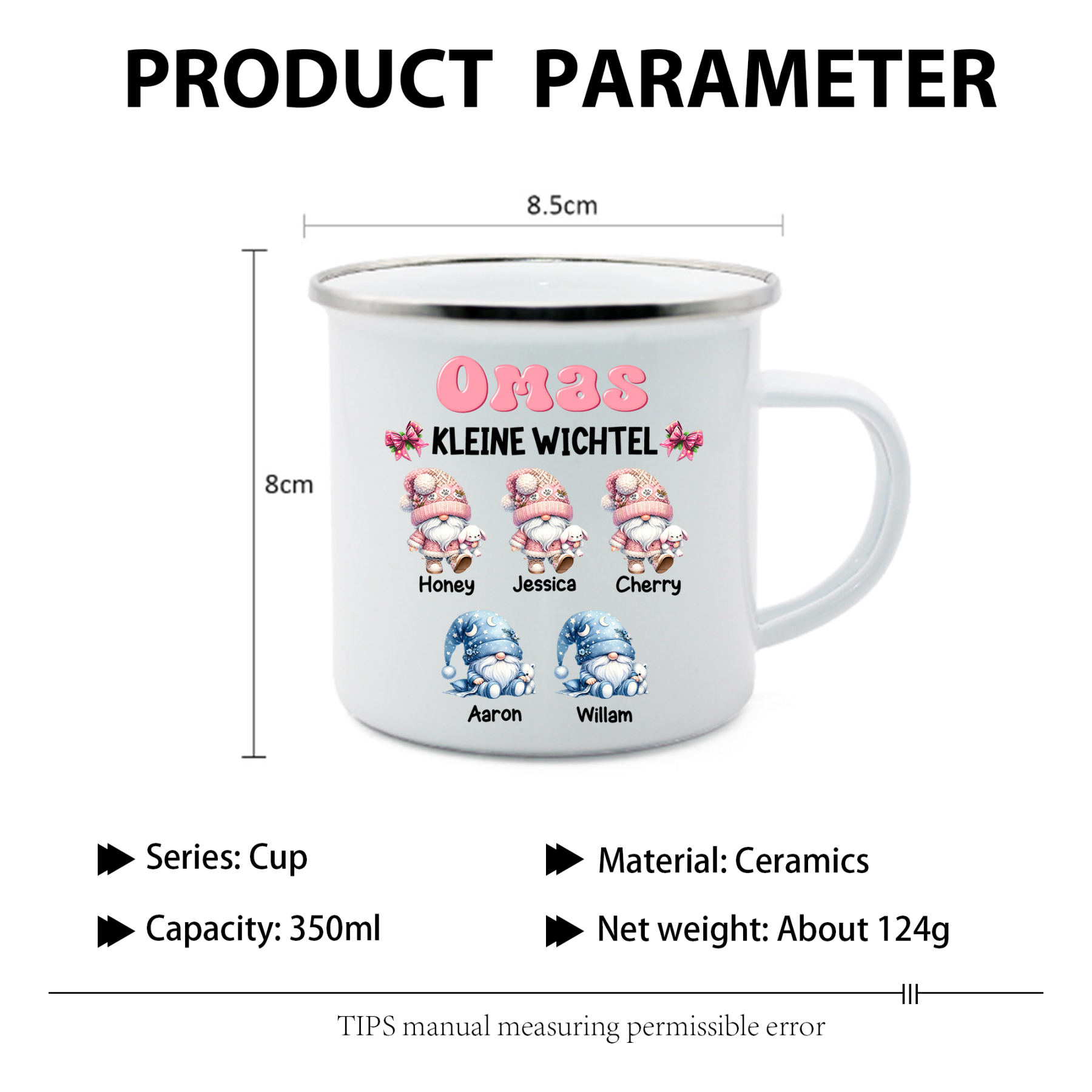 Personalisierte 1-5 Namen Emaille-Tasse mit süßen Weihnachtsgnomen – Omas kleine Wichtel –  Weihnachtsgeschenk für Oma Großmutter