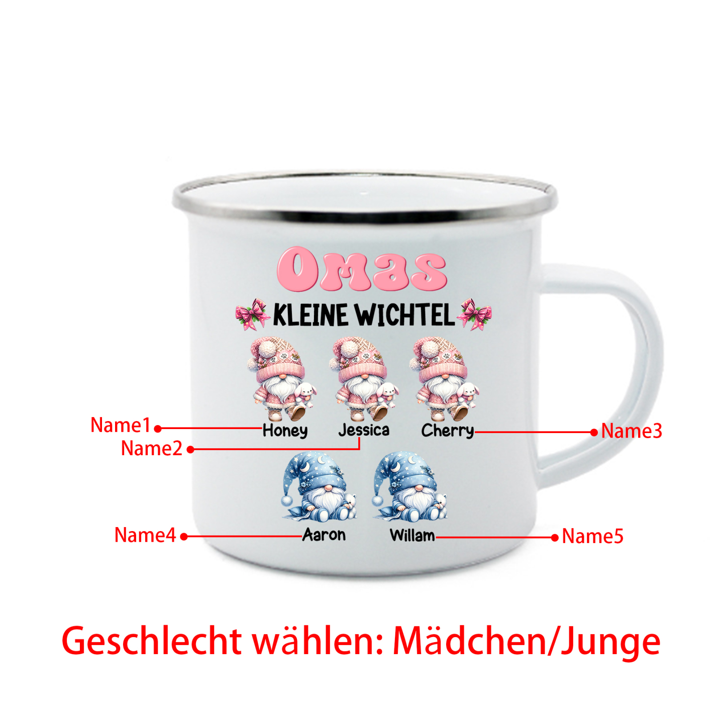 Personalisierte 1-5 Namen Emaille-Tasse mit süßen Weihnachtsgnomen – Omas kleine Wichtel –  Weihnachtsgeschenk für Oma Großmutter