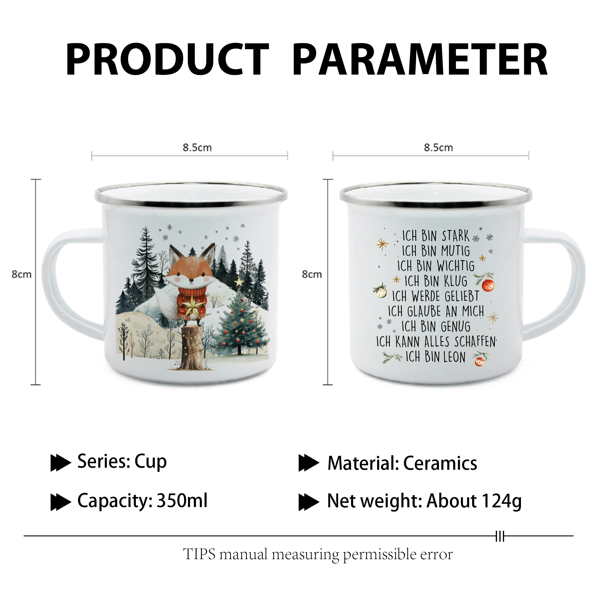 Personalisierte 1 Name Emaille-Tasse mit Weihnachtsfuchs – Weihnachtsgeschenk für Kinder