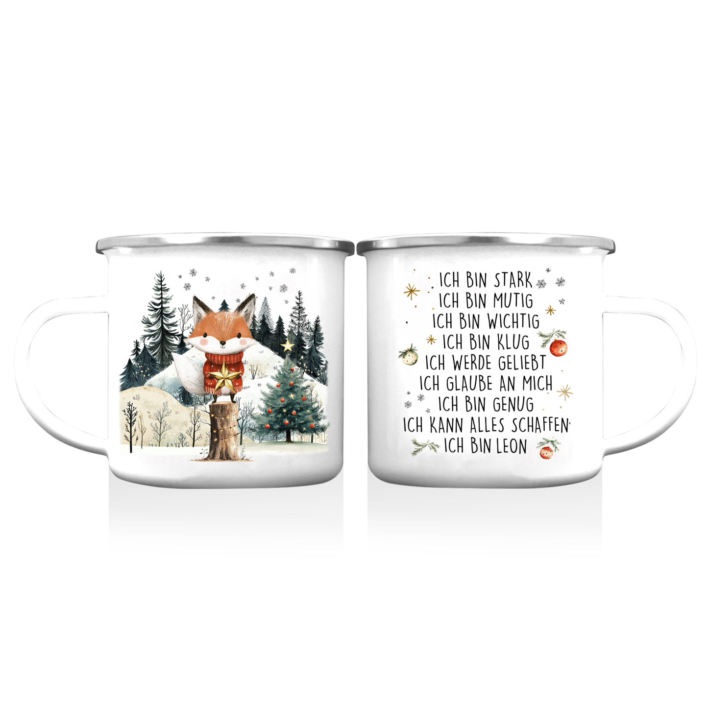 Personalisierte 1 Name Emaille-Tasse mit Weihnachtsfuchs – Weihnachtsgeschenk für Kinder