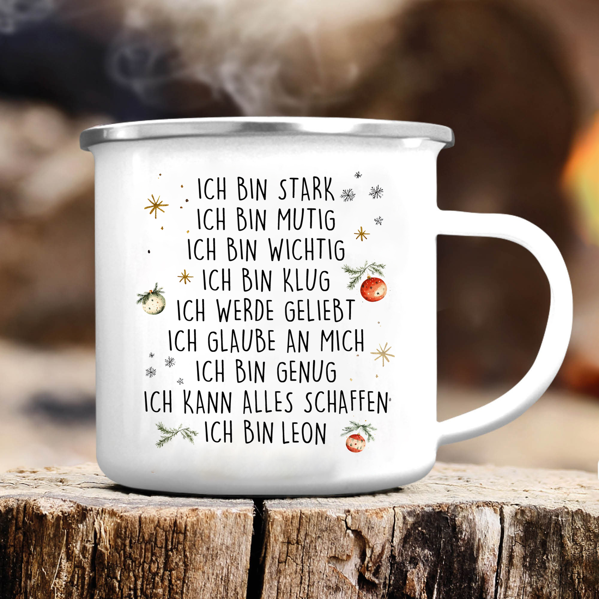 Personalisierte 1 Name Emaille-Tasse mit Weihnachtsfuchs – Weihnachtsgeschenk für Kinder