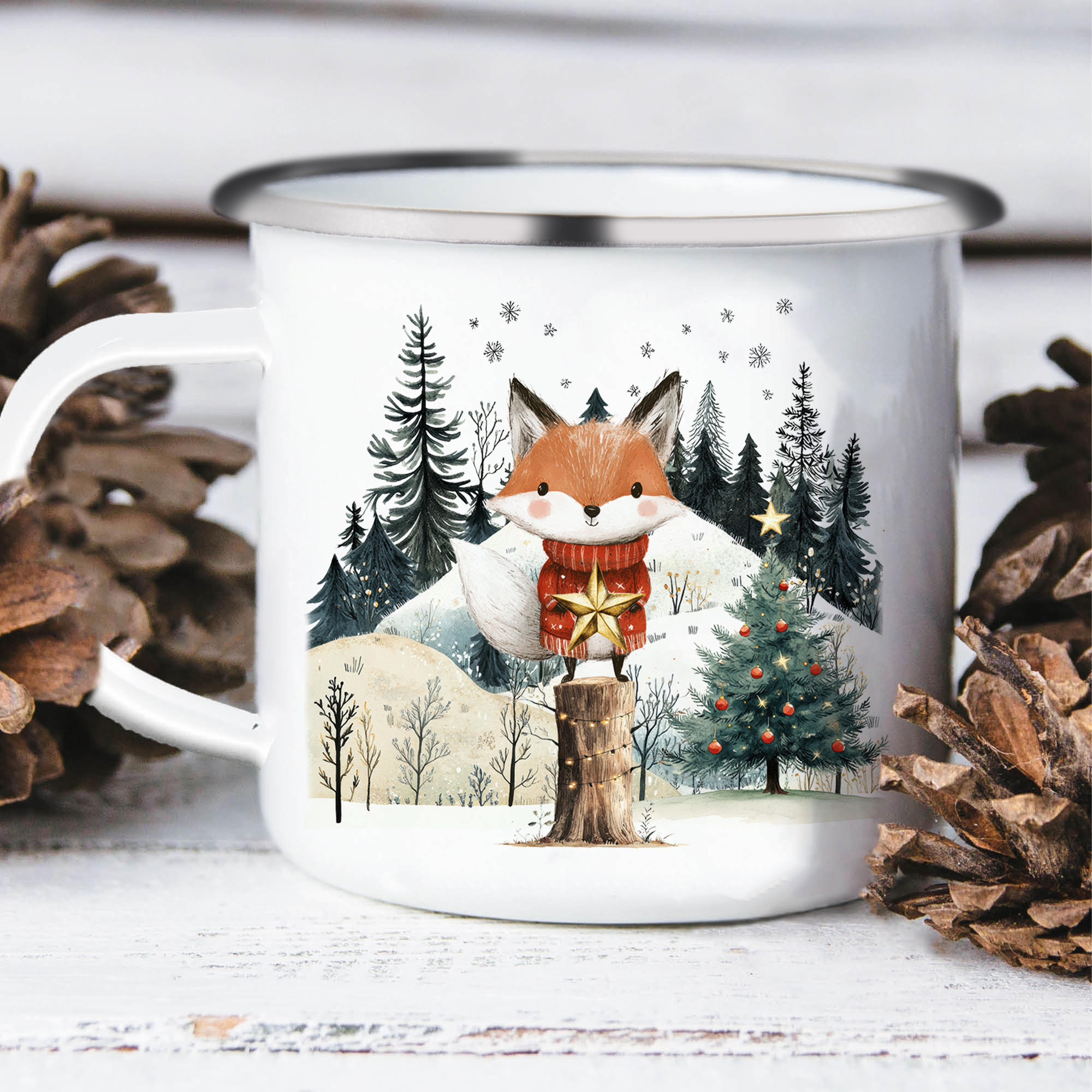 Personalisierte 1 Name Emaille-Tasse mit Weihnachtsfuchs – Weihnachtsgeschenk für Kinder