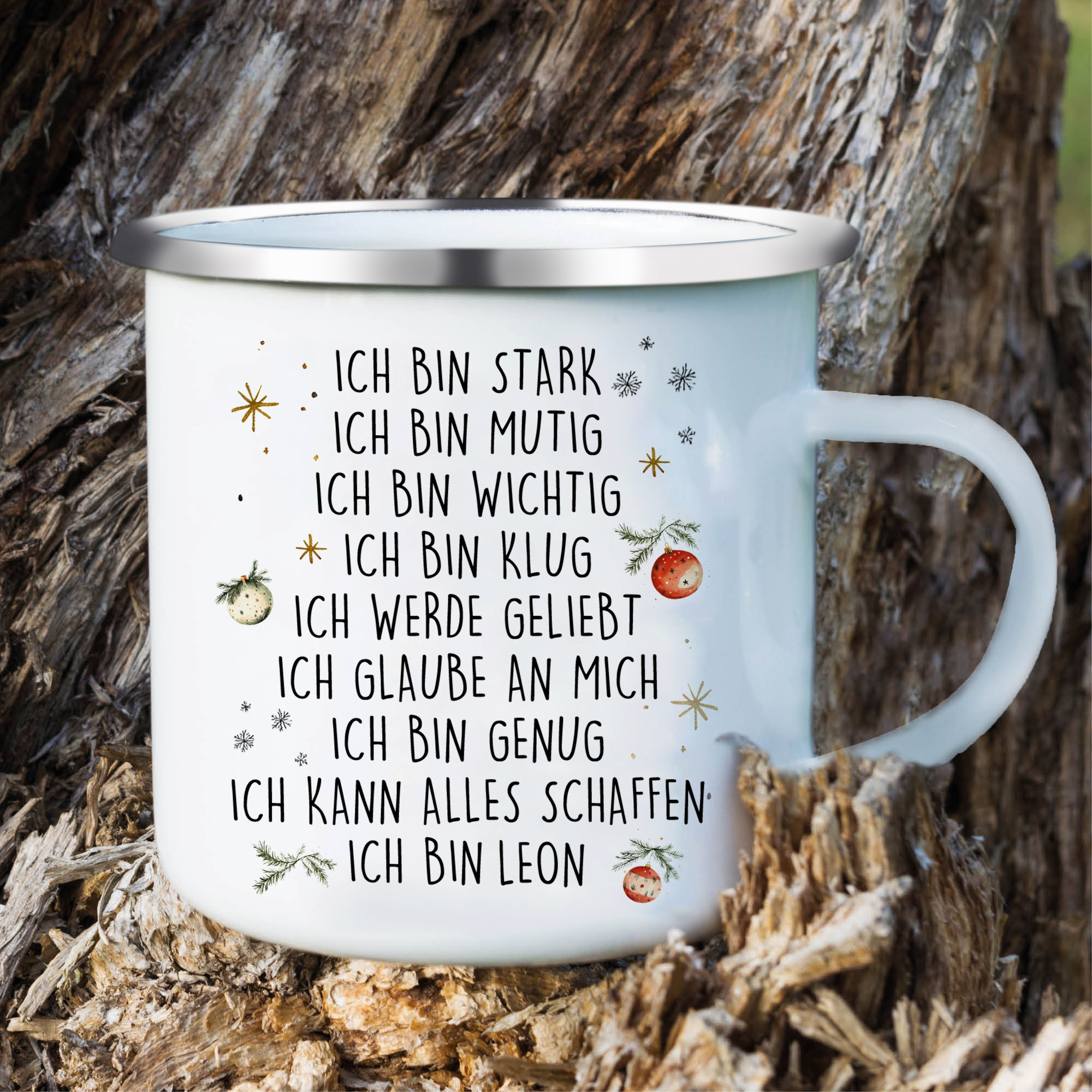 Personalisierte 1 Name Emaille-Tasse mit Weihnachtsfuchs – Weihnachtsgeschenk für Kinder