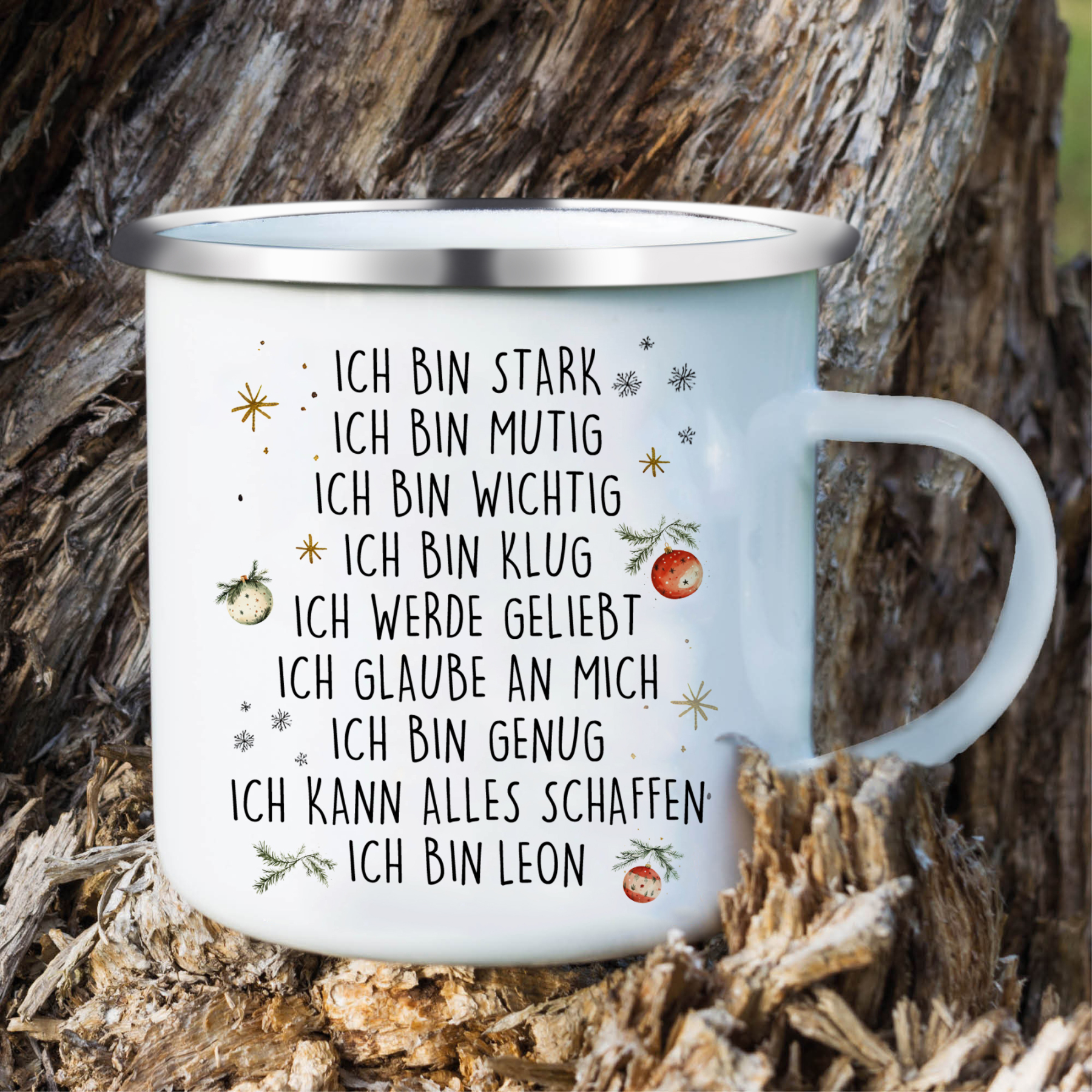 Personalisierte 1 Name Emaille-Tasse mit Weihnachtsfuchs – Weihnachtsgeschenk für Kinder