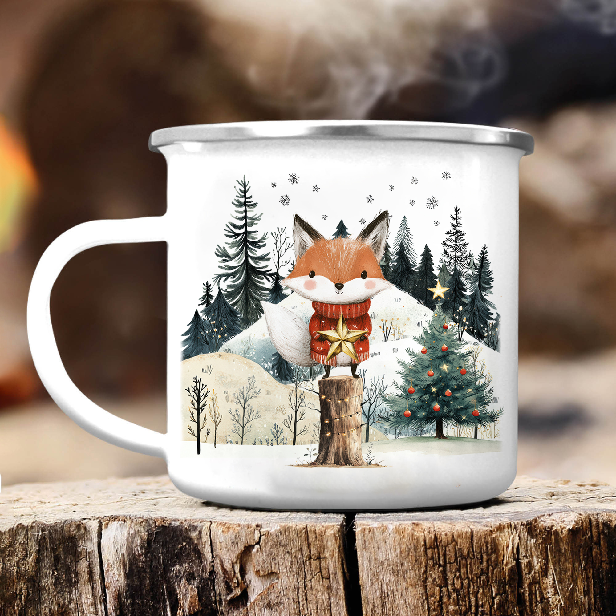 Personalisierte 1 Name Emaille-Tasse mit Weihnachtsfuchs – Weihnachtsgeschenk für Kinder