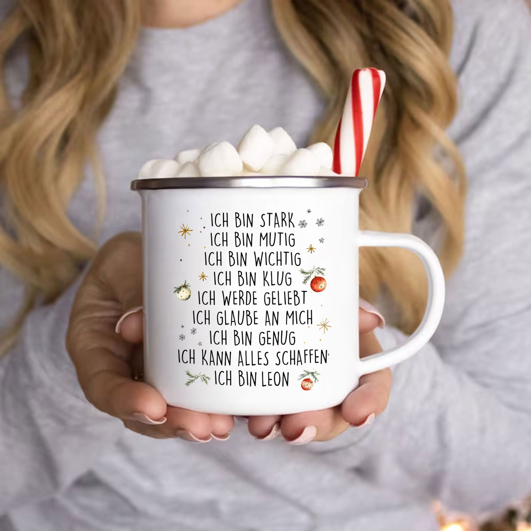 Personalisierte 1 Name Emaille-Tasse mit Weihnachtsfuchs – Weihnachtsgeschenk für Kinder