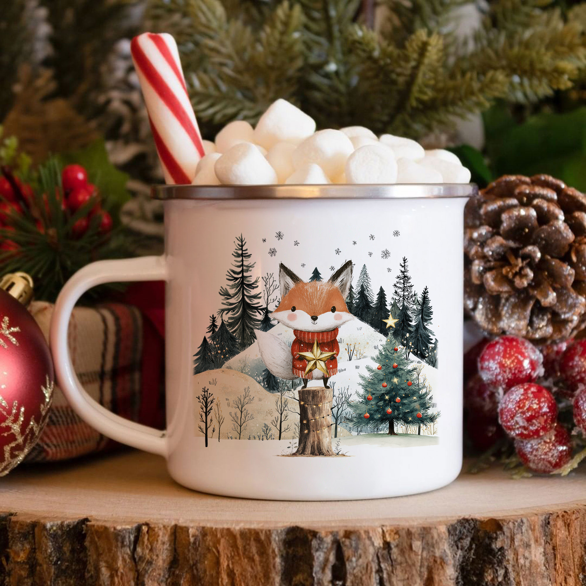 Personalisierte 1 Name Emaille-Tasse mit Weihnachtsfuchs – Weihnachtsgeschenk für Kinder