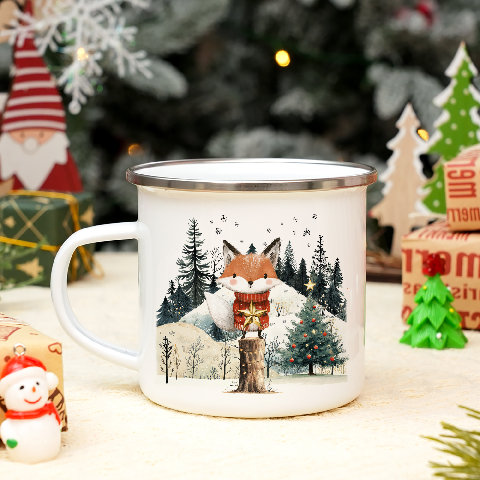 Personalisierte 1 Name Emaille-Tasse mit Weihnachtsfuchs – Weihnachtsgeschenk für Kinder