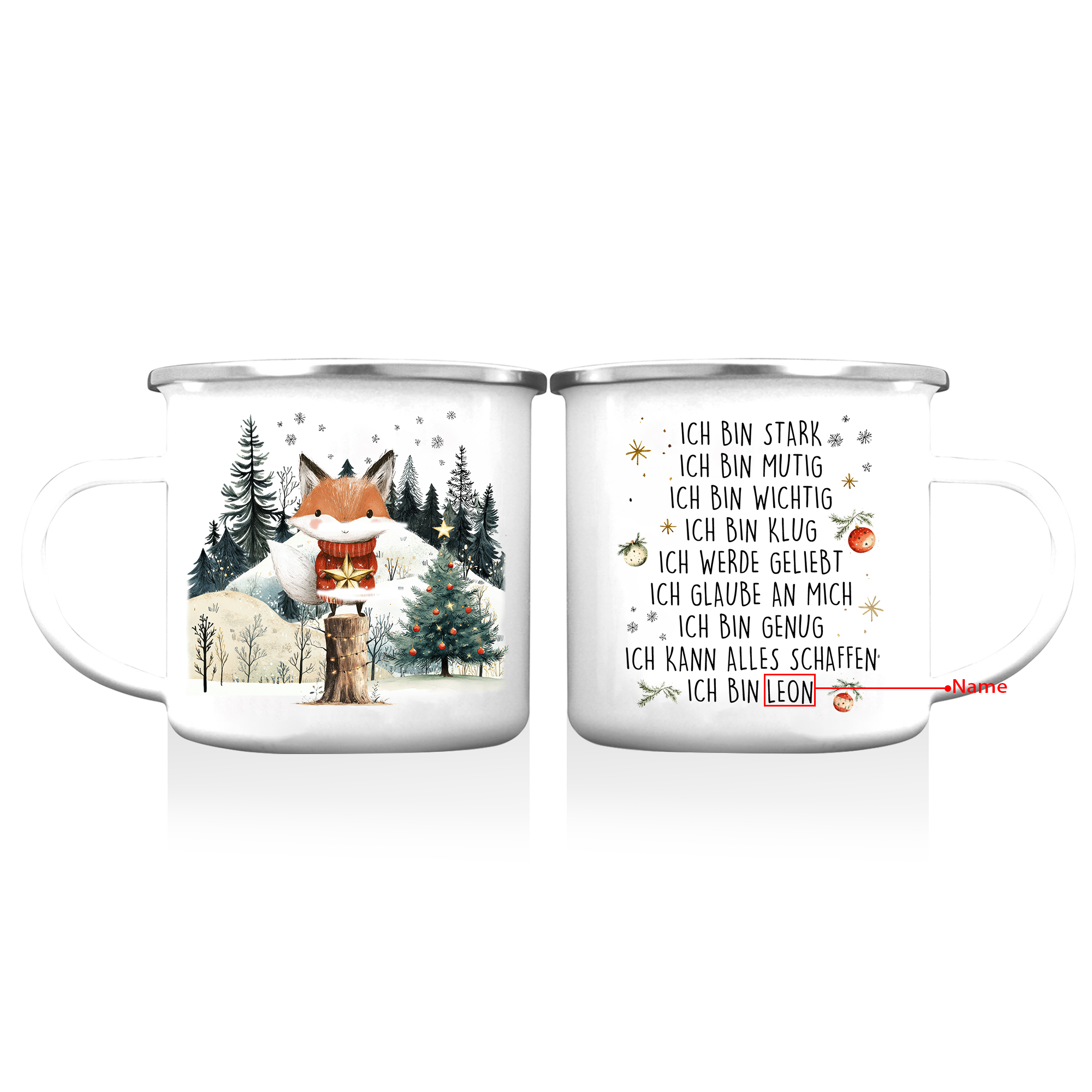 Personalisierte 1 Name Emaille-Tasse mit Weihnachtsfuchs – Weihnachtsgeschenk für Kinder