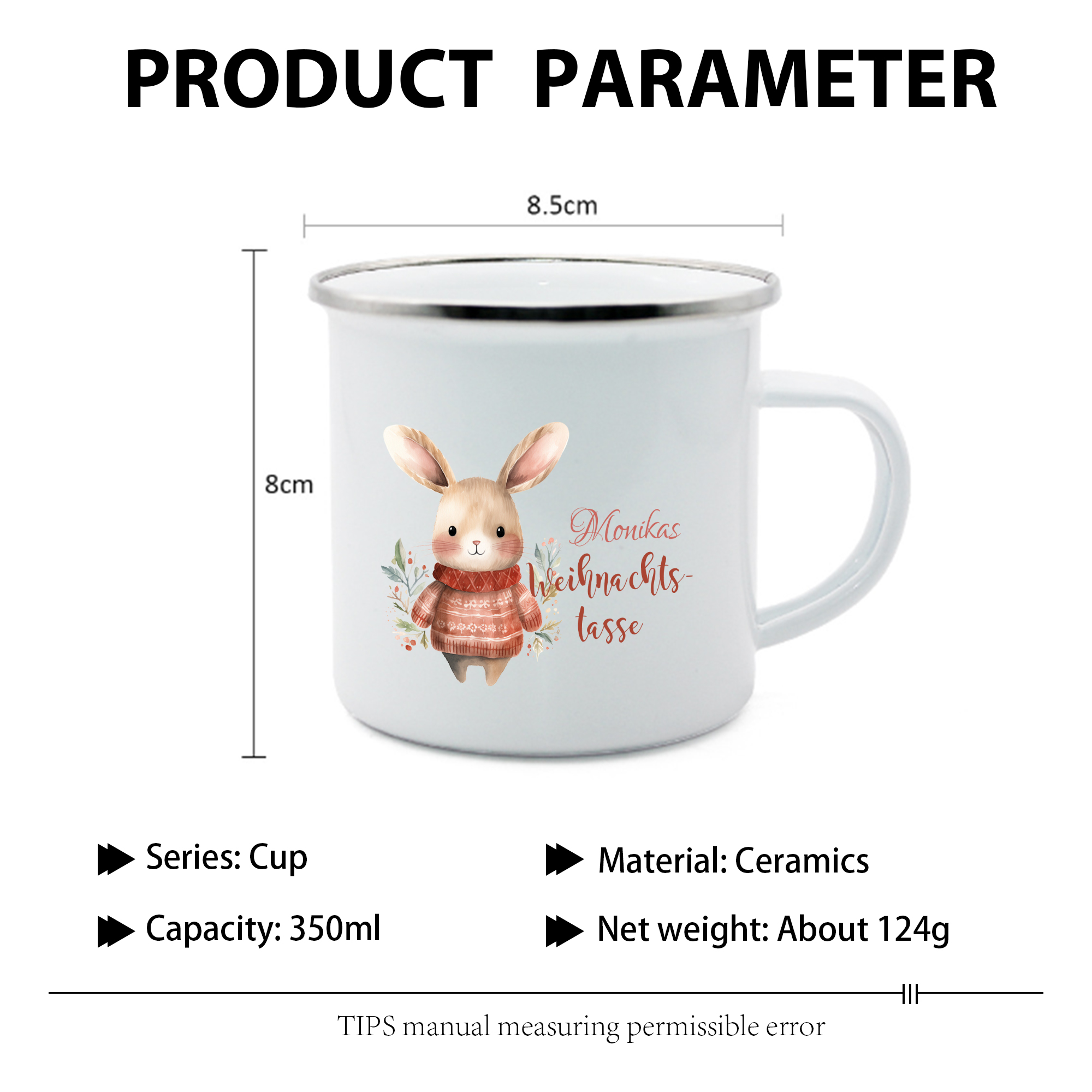 Personalisierte 2 Texte Emaille-Tasse mit süßem Hasen/ Bären – Perfektes Weihnachtsgeschenk für Kinder