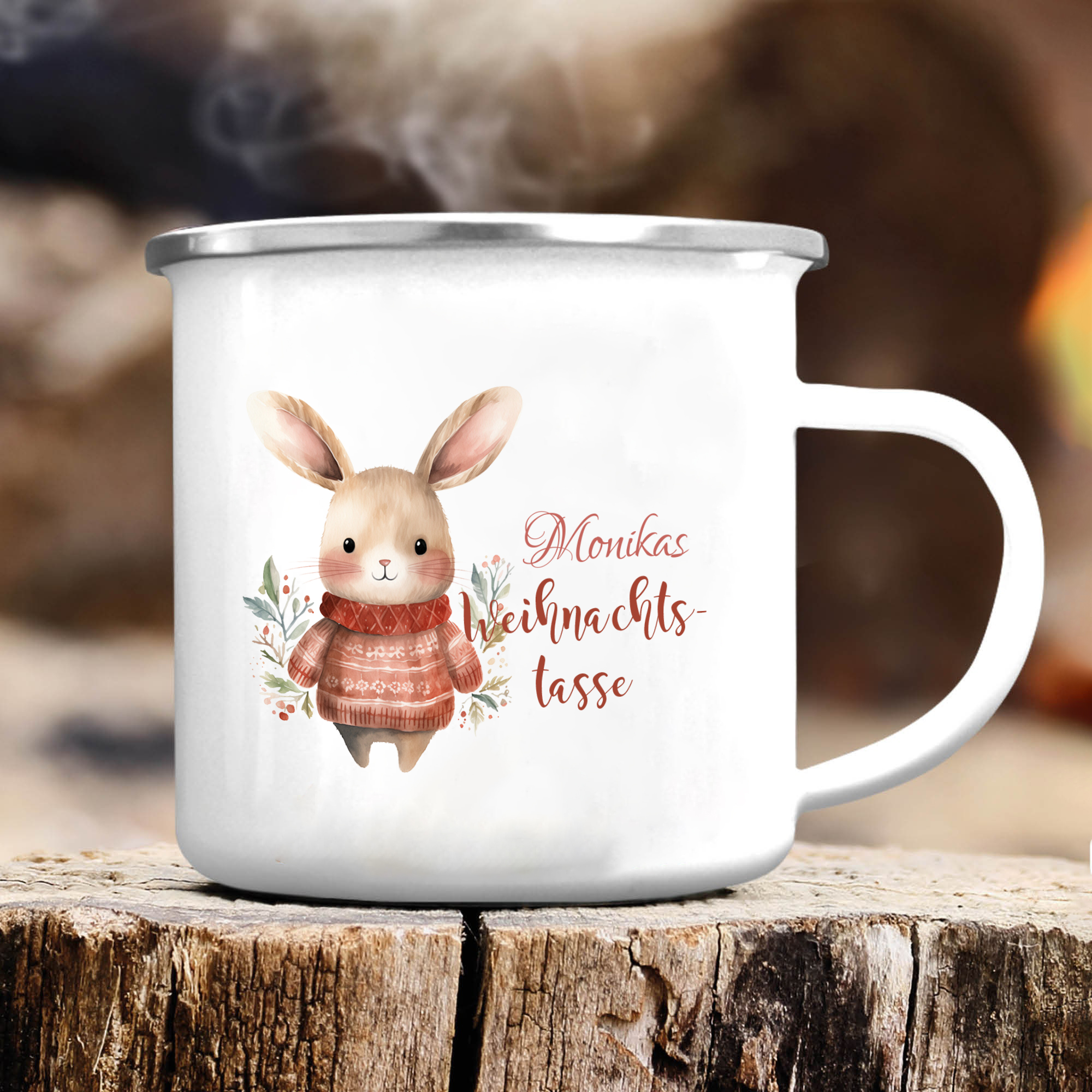 Personalisierte 2 Texte Emaille-Tasse mit süßem Hasen/ Bären – Perfektes Weihnachtsgeschenk für Kinder