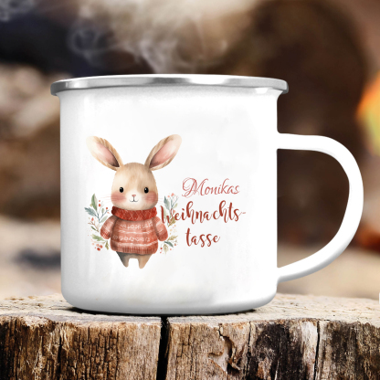 Personalisierte 2 Texte Emaille-Tasse mit süßem Hasen/ Bären – Perfektes Weihnachtsgeschenk für Kinder