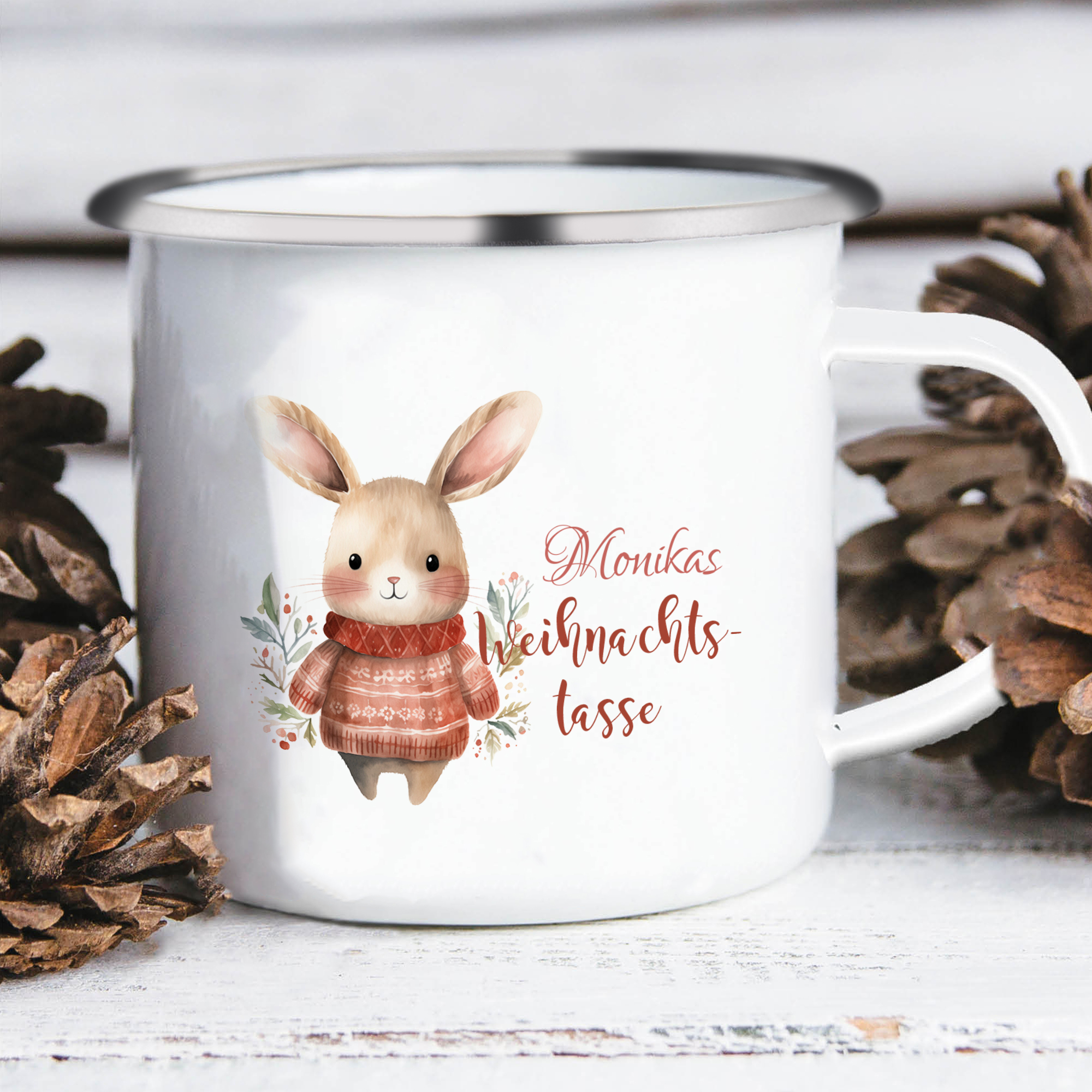 Personalisierte 2 Texte Emaille-Tasse mit süßem Hasen/ Bären – Perfektes Weihnachtsgeschenk für Kinder