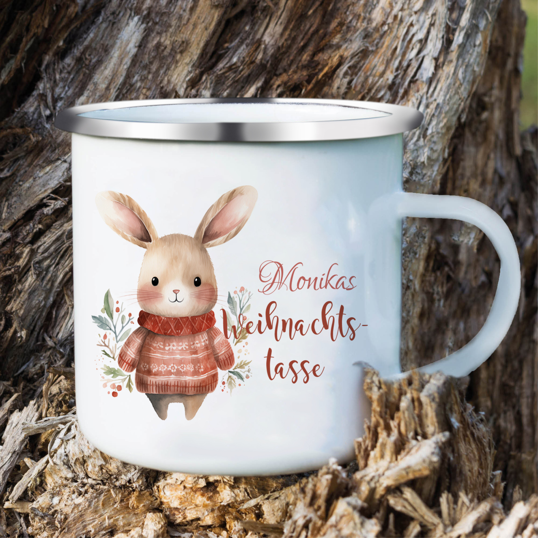 Personalisierte 2 Texte Emaille-Tasse mit süßem Hasen/ Bären – Perfektes Weihnachtsgeschenk für Kinder
