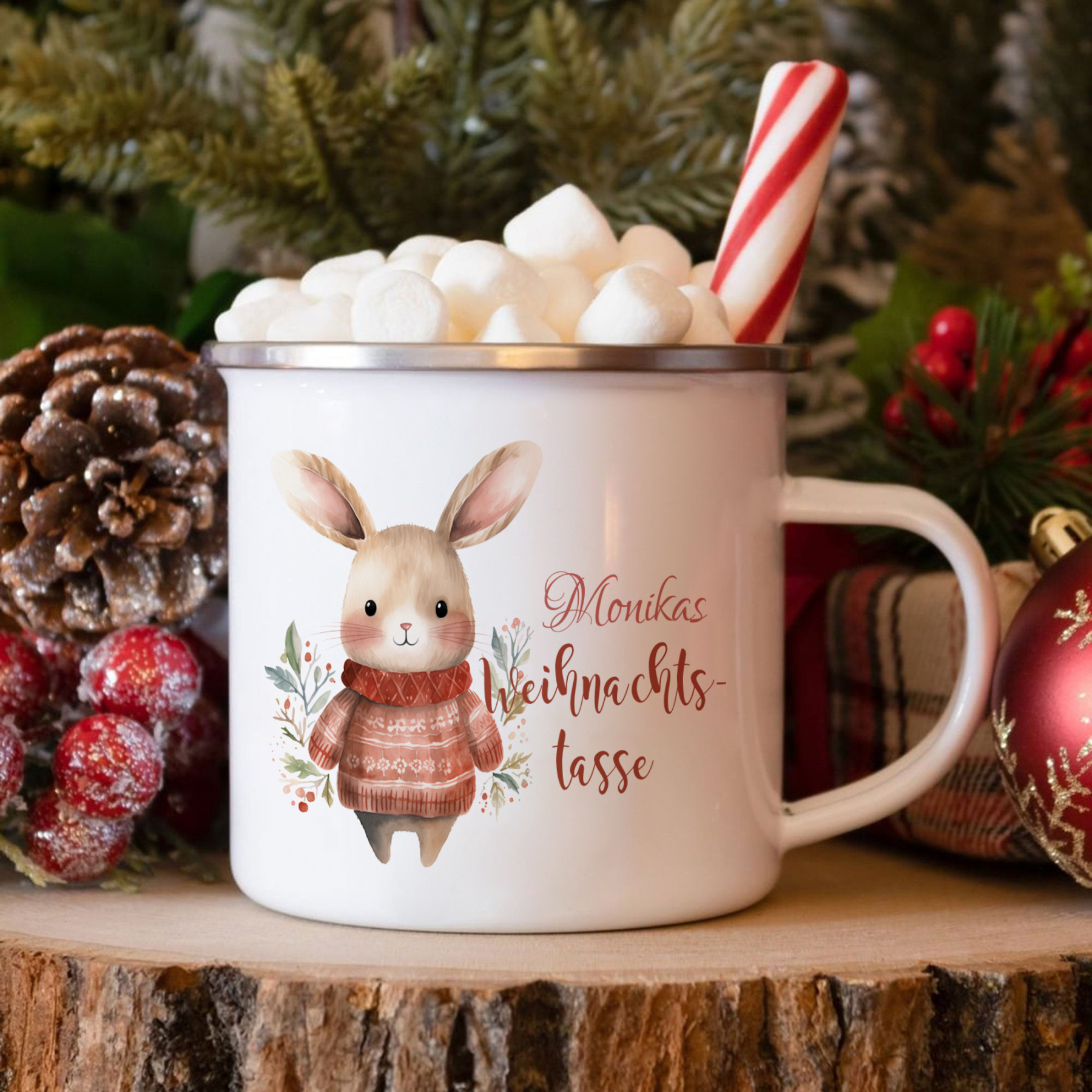 Personalisierte 2 Texte Emaille-Tasse mit süßem Hasen/ Bären – Perfekt