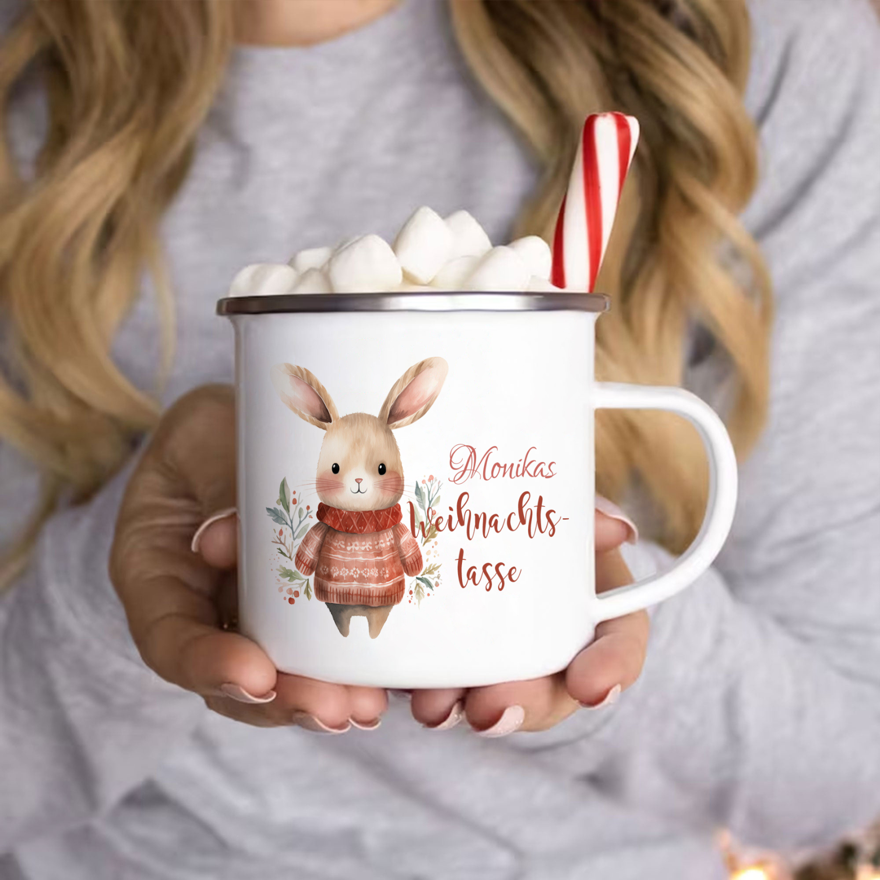 Personalisierte 2 Texte Emaille-Tasse mit süßem Hasen/ Bären – Perfektes Weihnachtsgeschenk für Kinder