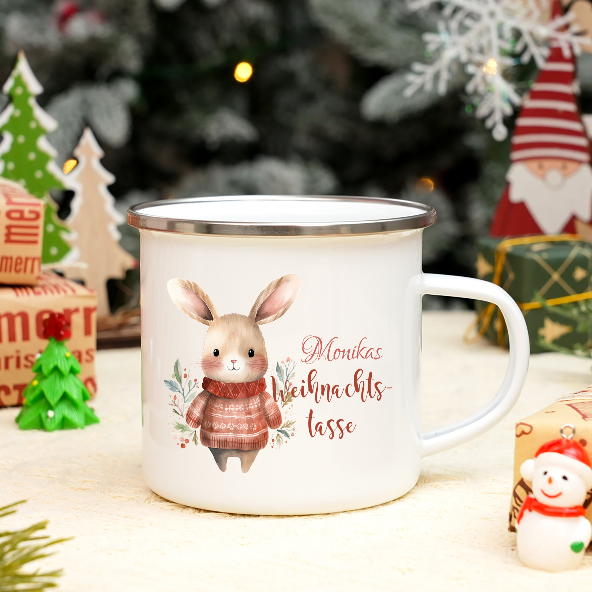 Personalisierte 2 Texte Emaille-Tasse mit süßem Hasen/ Bären – Perfektes Weihnachtsgeschenk für Kinder