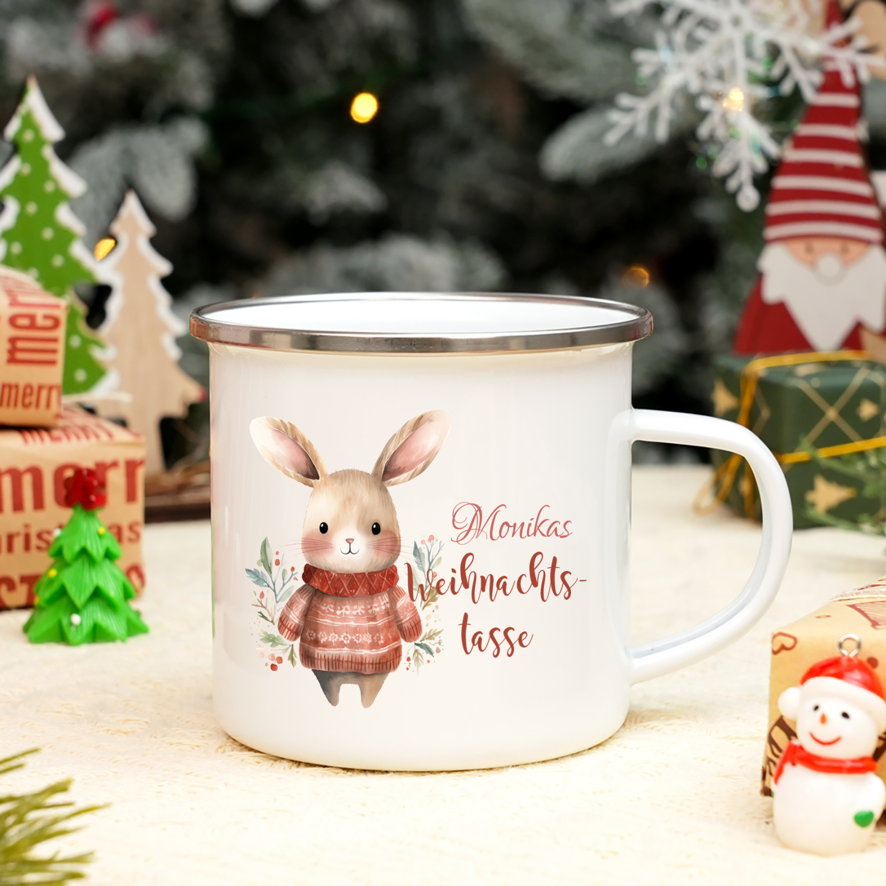 Personalisierte 2 Texte Emaille-Tasse mit süßem Hasen/ Bären – Perfektes Weihnachtsgeschenk für Kinder