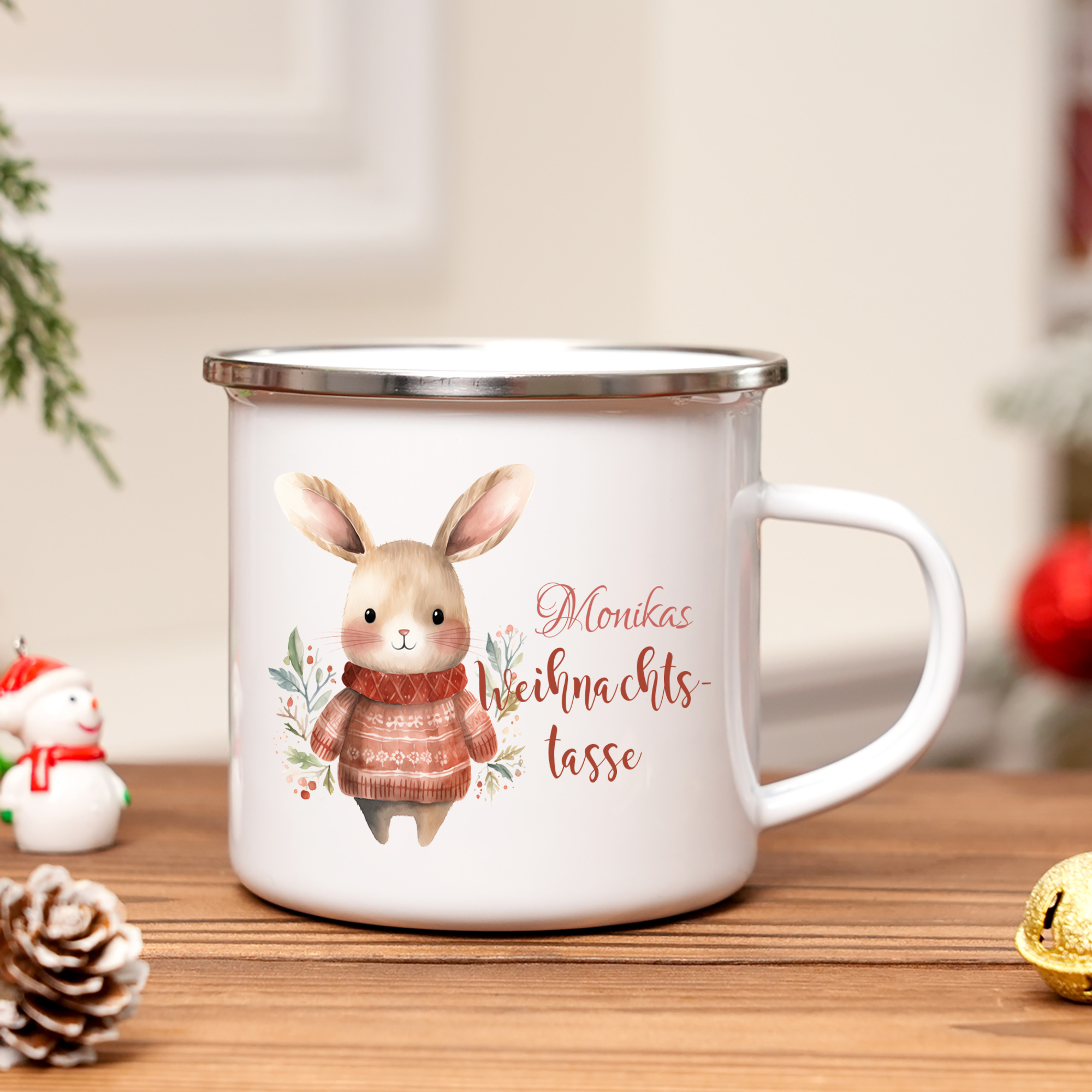 Personalisierte 2 Texte Emaille-Tasse mit süßem Hasen/ Bären – Perfektes Weihnachtsgeschenk für Kinder
