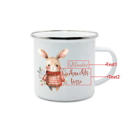 Personalisierte 2 Texte Emaille-Tasse mit süßem Hasen/ Bären – Perfektes Weihnachtsgeschenk für Kinder